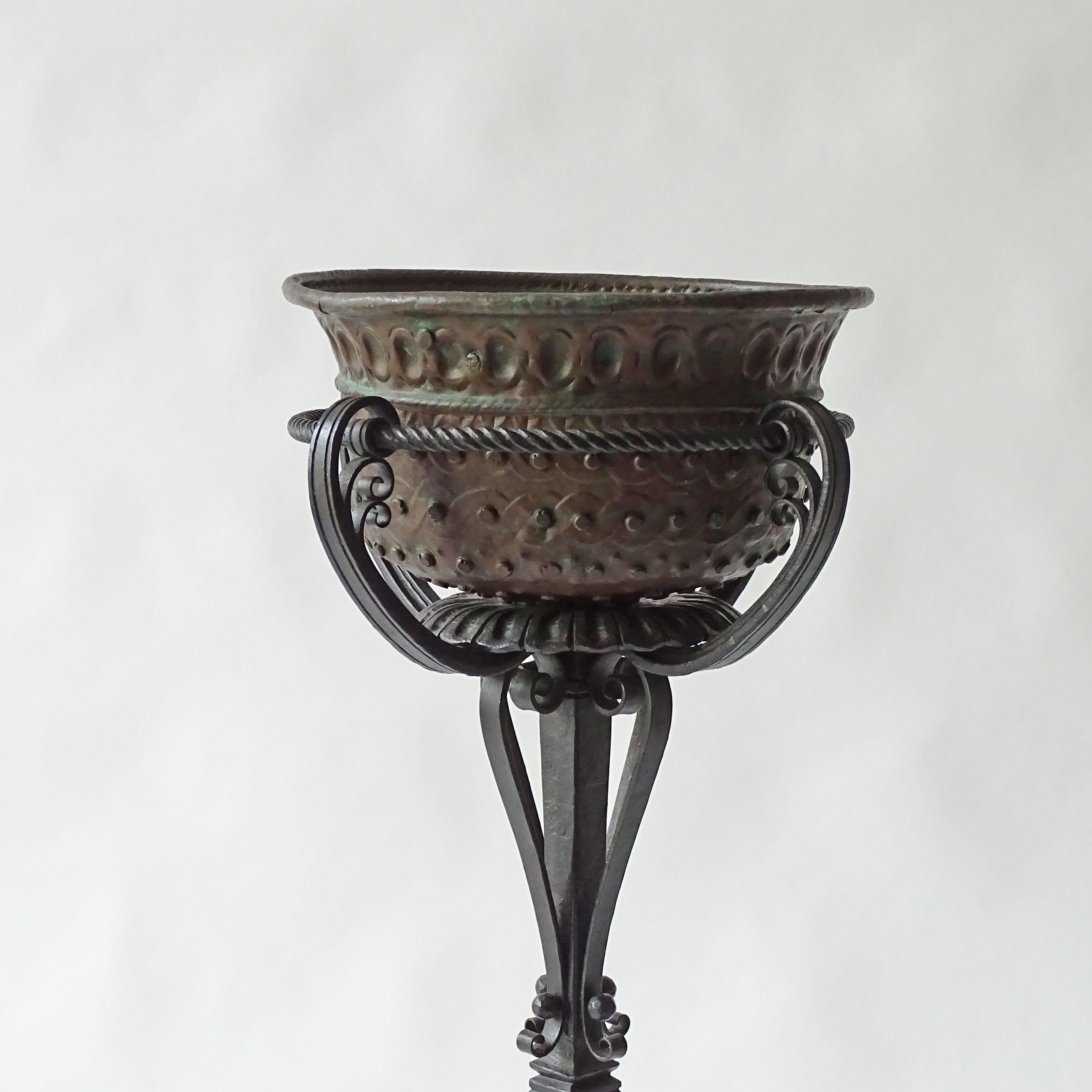 Italian 19th Century Wrought Iron Plant Stand and Riveted Copper Planter For Sale 3