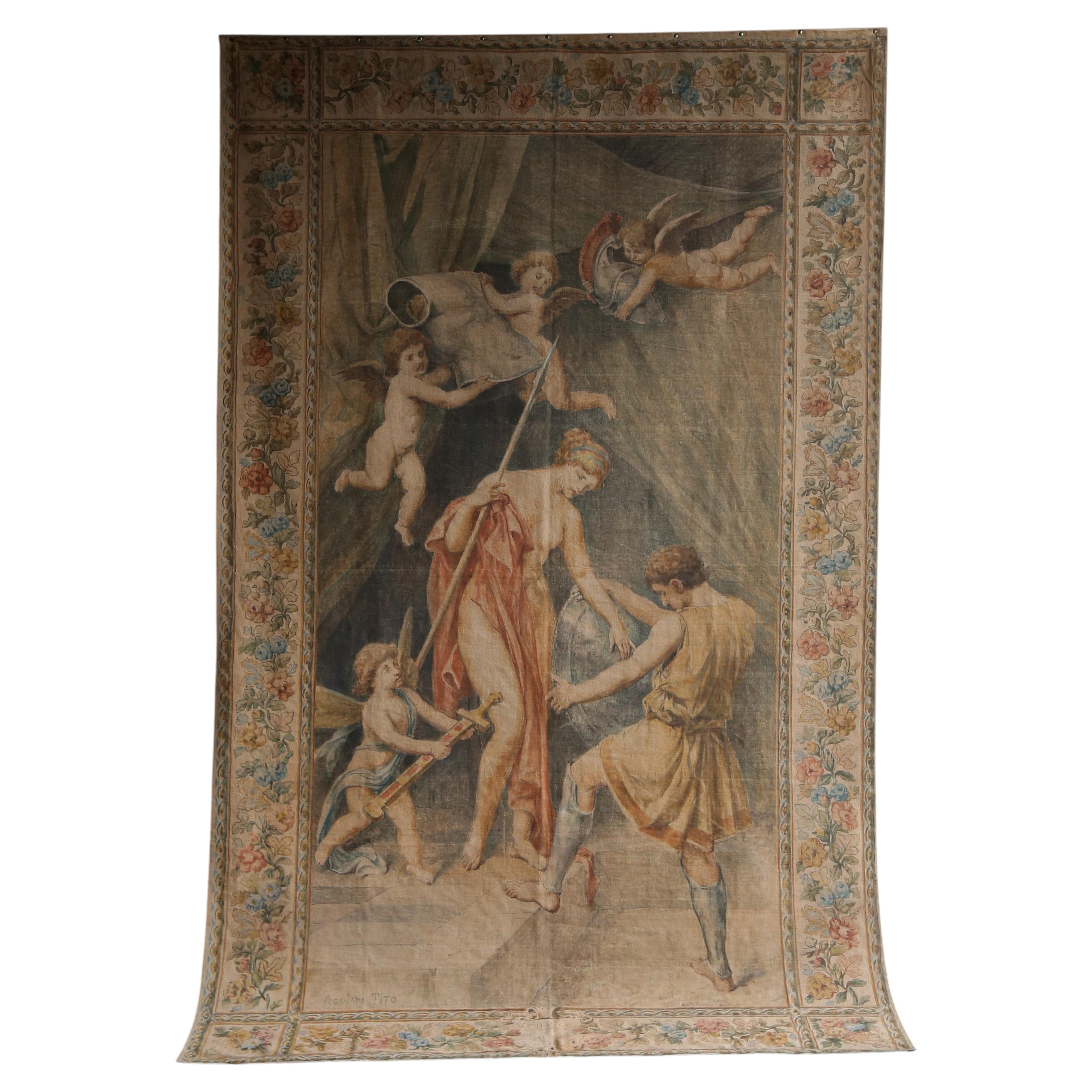 Italian 19th Hand-Painted Textile Wall Hanging, Venezia consegna Enea alle armi