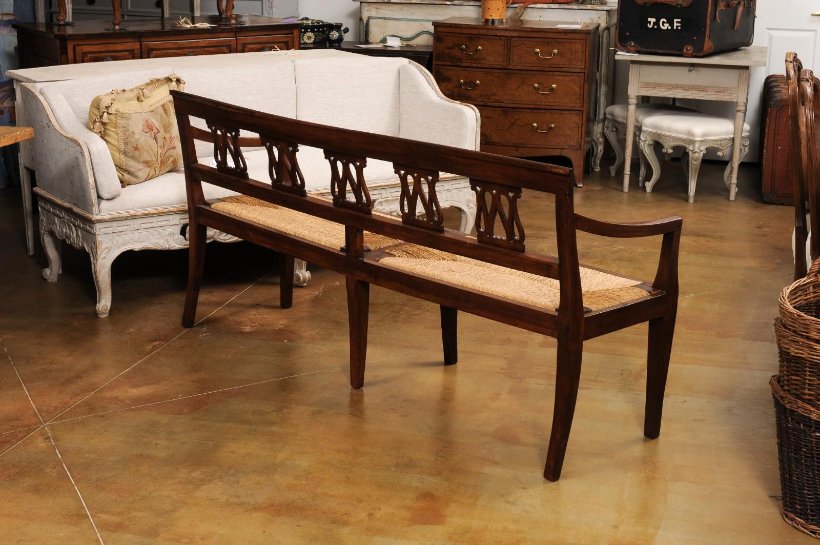 Italian 19th Walnut Bench with Carved Splats, Rush Seat and Tapered Legs For Sale 6
