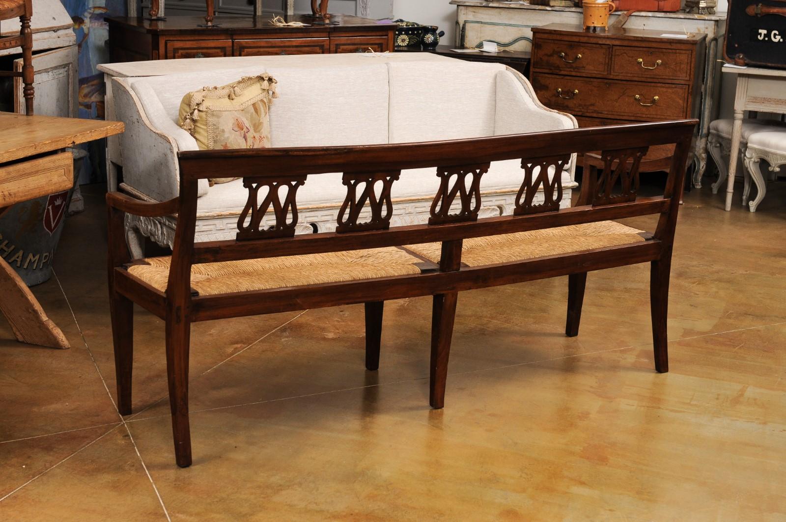 Italian 19th Walnut Bench with Carved Splats, Rush Seat and Tapered Legs For Sale 8