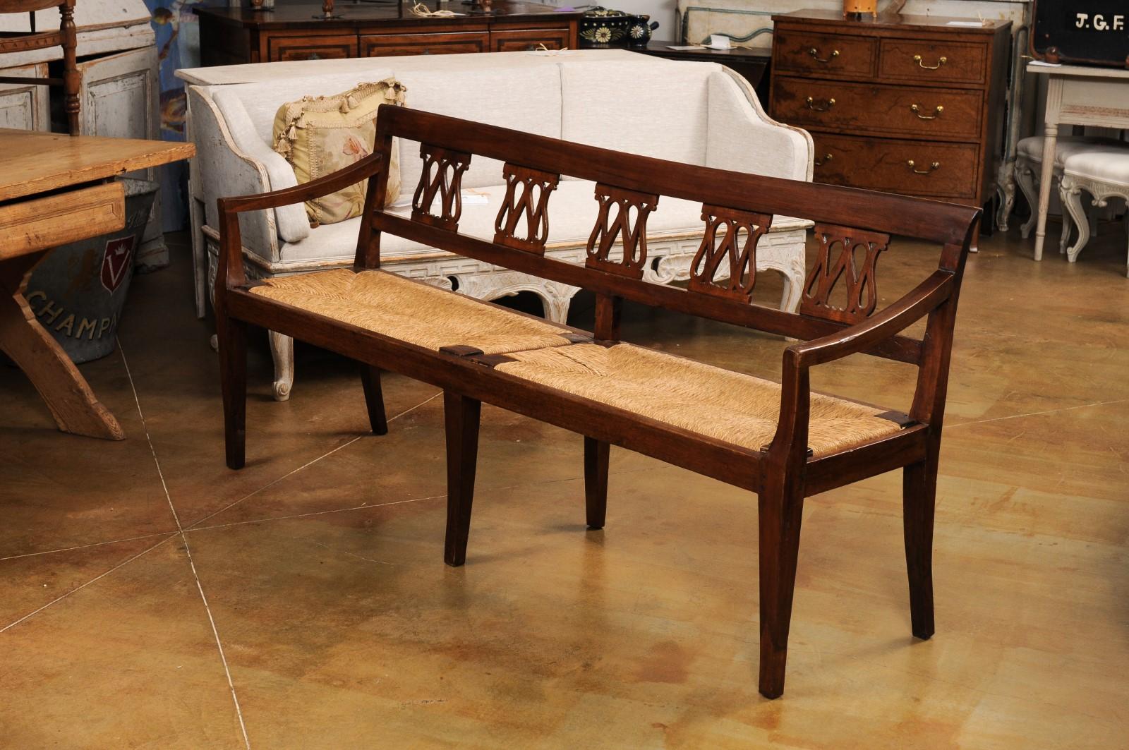 Italian 19th Walnut Bench with Carved Splats, Rush Seat and Tapered Legs For Sale 10