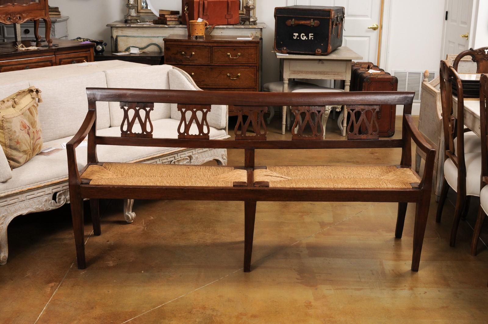 Italian 19th Walnut Bench with Carved Splats, Rush Seat and Tapered Legs In Good Condition For Sale In Atlanta, GA