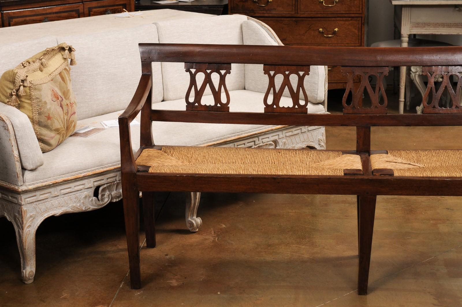19th Century Italian 19th Walnut Bench with Carved Splats, Rush Seat and Tapered Legs For Sale