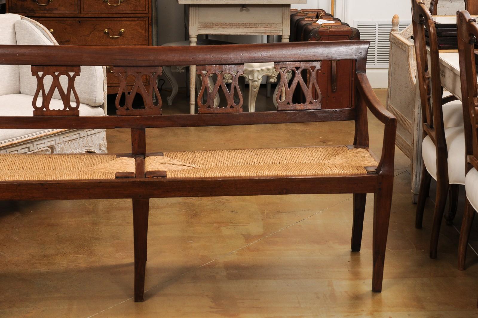 Italian 19th Walnut Bench with Carved Splats, Rush Seat and Tapered Legs For Sale 1