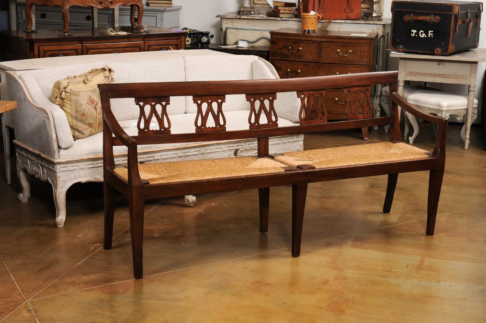 Italian 19th Walnut Bench with Carved Splats, Rush Seat and Tapered Legs For Sale 2