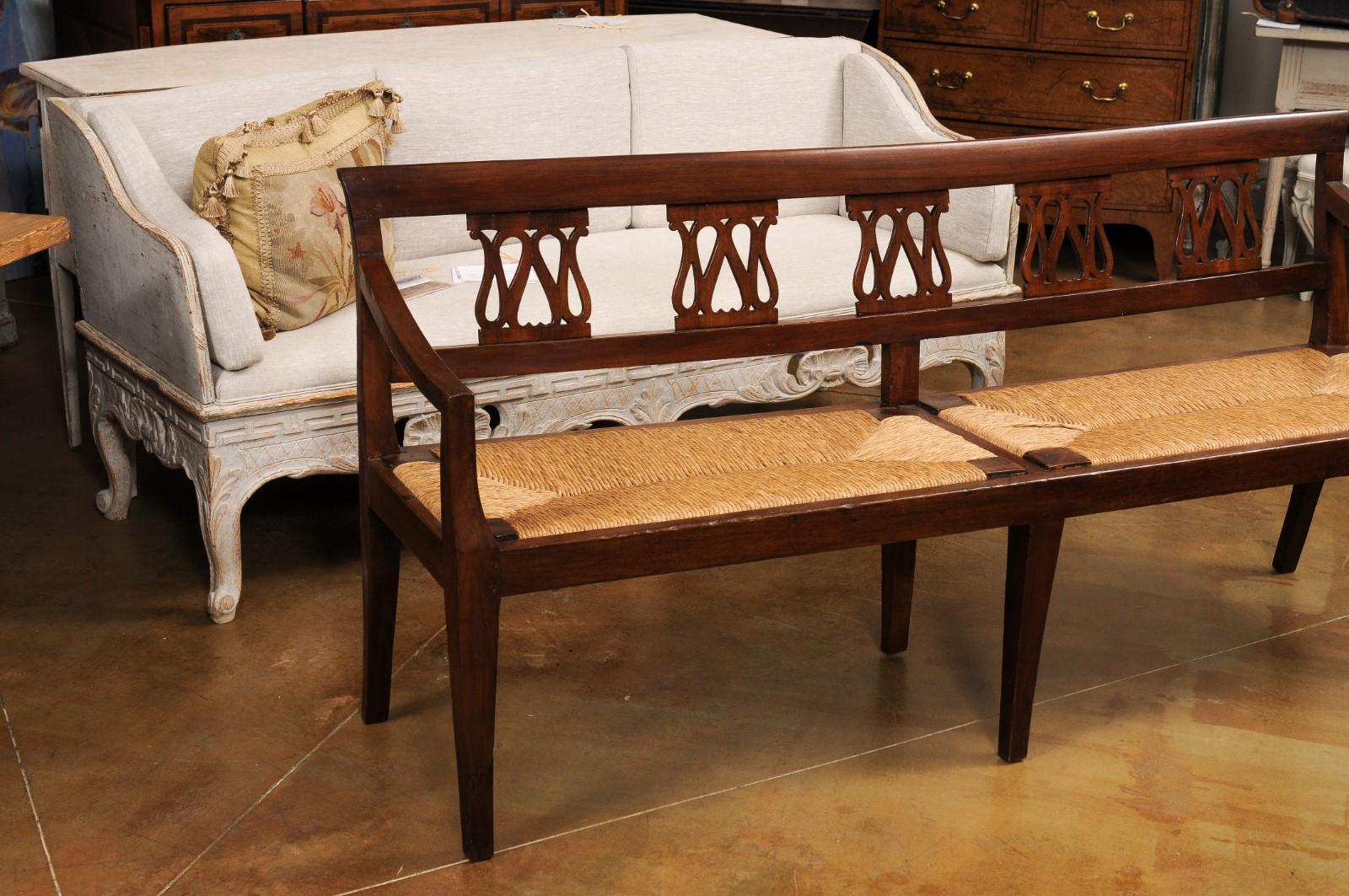 Italian 19th Walnut Bench with Carved Splats, Rush Seat and Tapered Legs For Sale 3