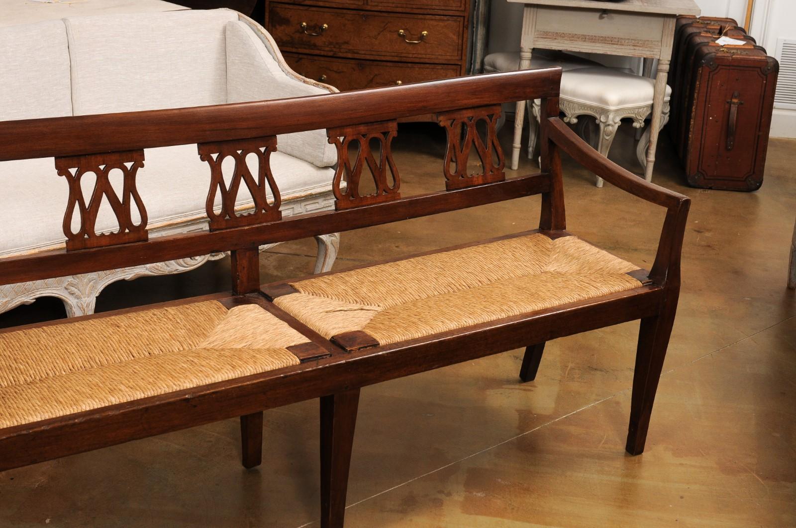Italian 19th Walnut Bench with Carved Splats, Rush Seat and Tapered Legs For Sale 4