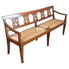 Italian 19th Walnut Bench with Carved Splats, Rush Seat and Tapered Legs