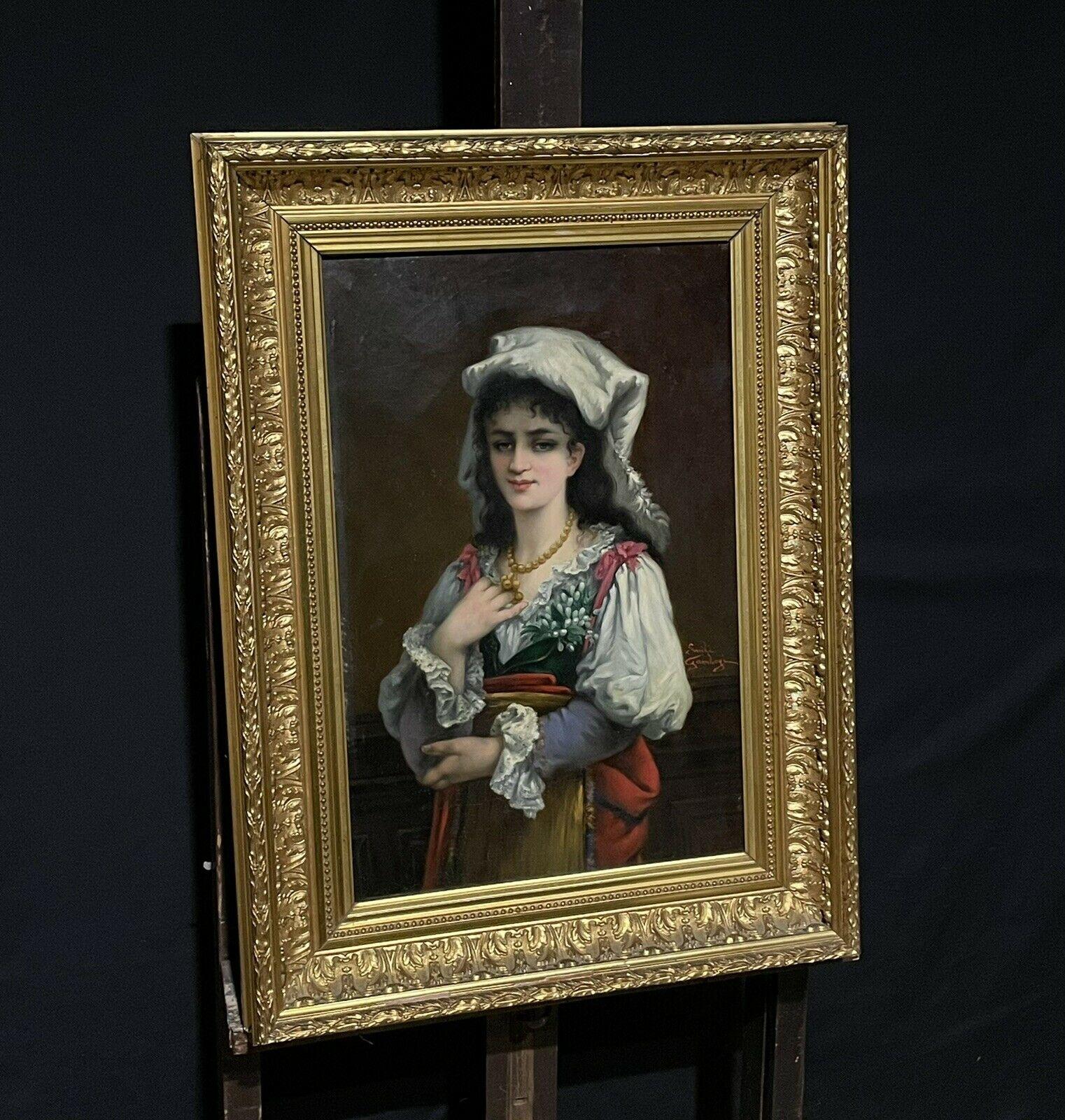 Peinture à l'huile italienne du 19ème siècle signée représentant un portrait de jeune femme, cadre doré - Painting de Italian 19thC