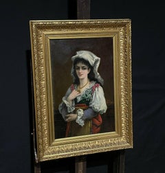 Fine 19th Century Italian Signed Oil Painting Portrait of Young Lady, Gilt Frame