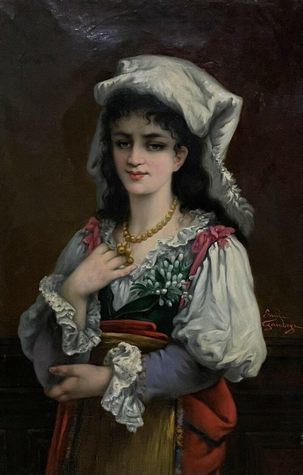 Figurative Painting Italian 19thC - Peinture à l'huile italienne du 19ème siècle signée représentant un portrait de jeune femme, cadre doré