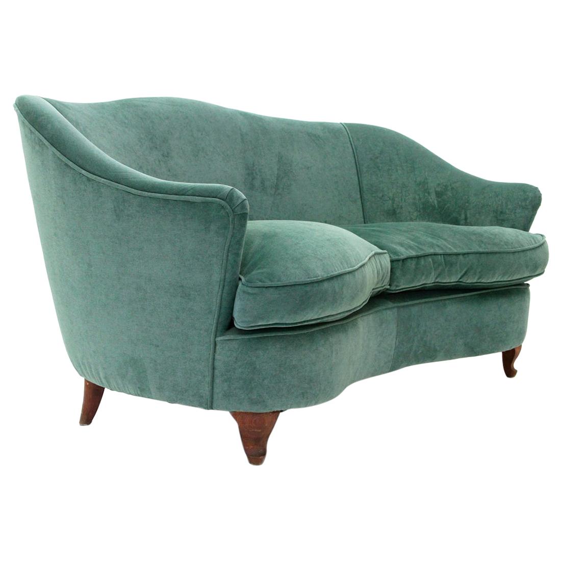 Italian 2-Seat Curved Green Velvet Sofa, 1950s For Sale
