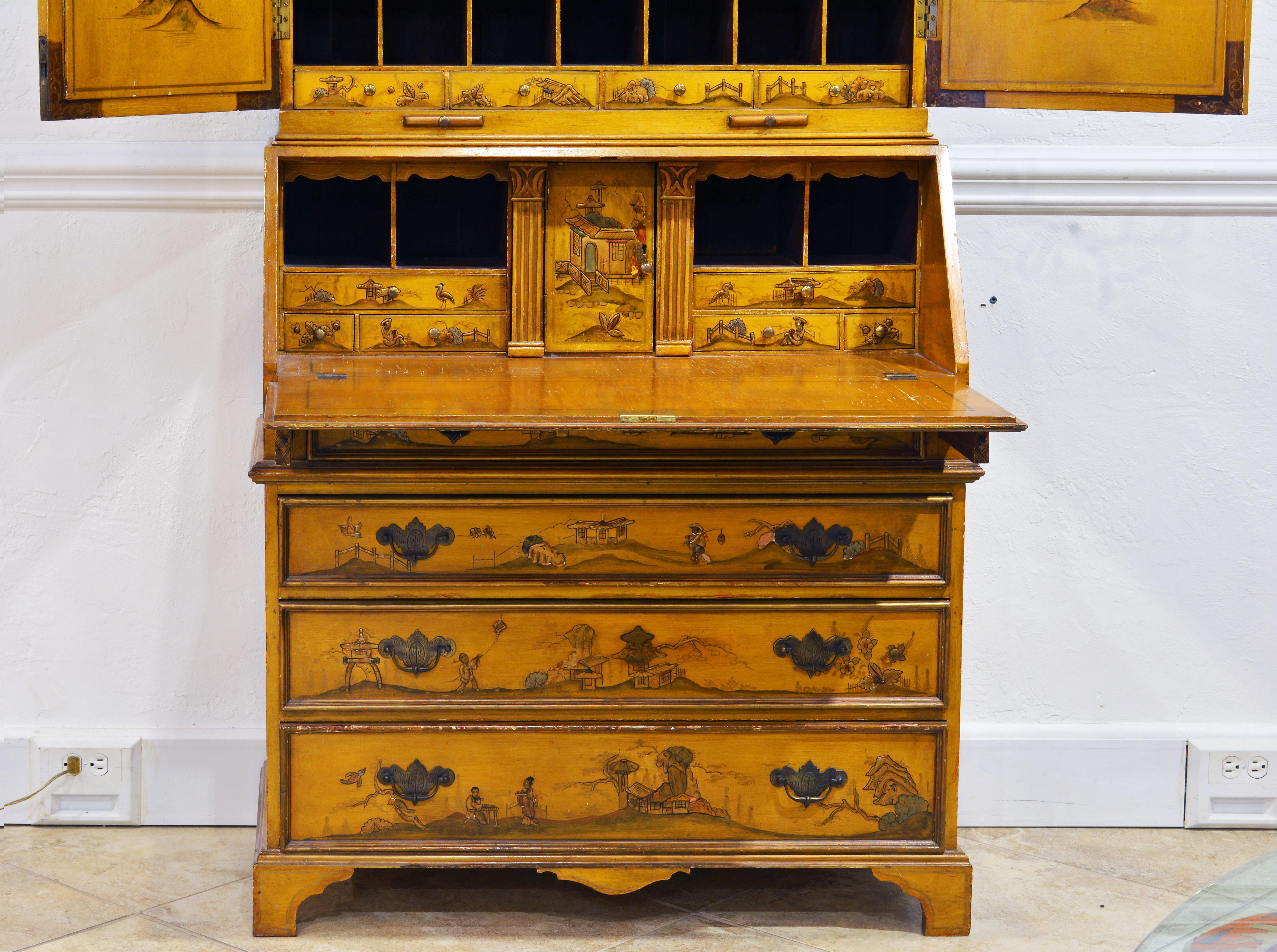 20th Century Painted and Gilt Chinoiserie Decorated Two-Part Secretary Desk In Good Condition In Ft. Lauderdale, FL
