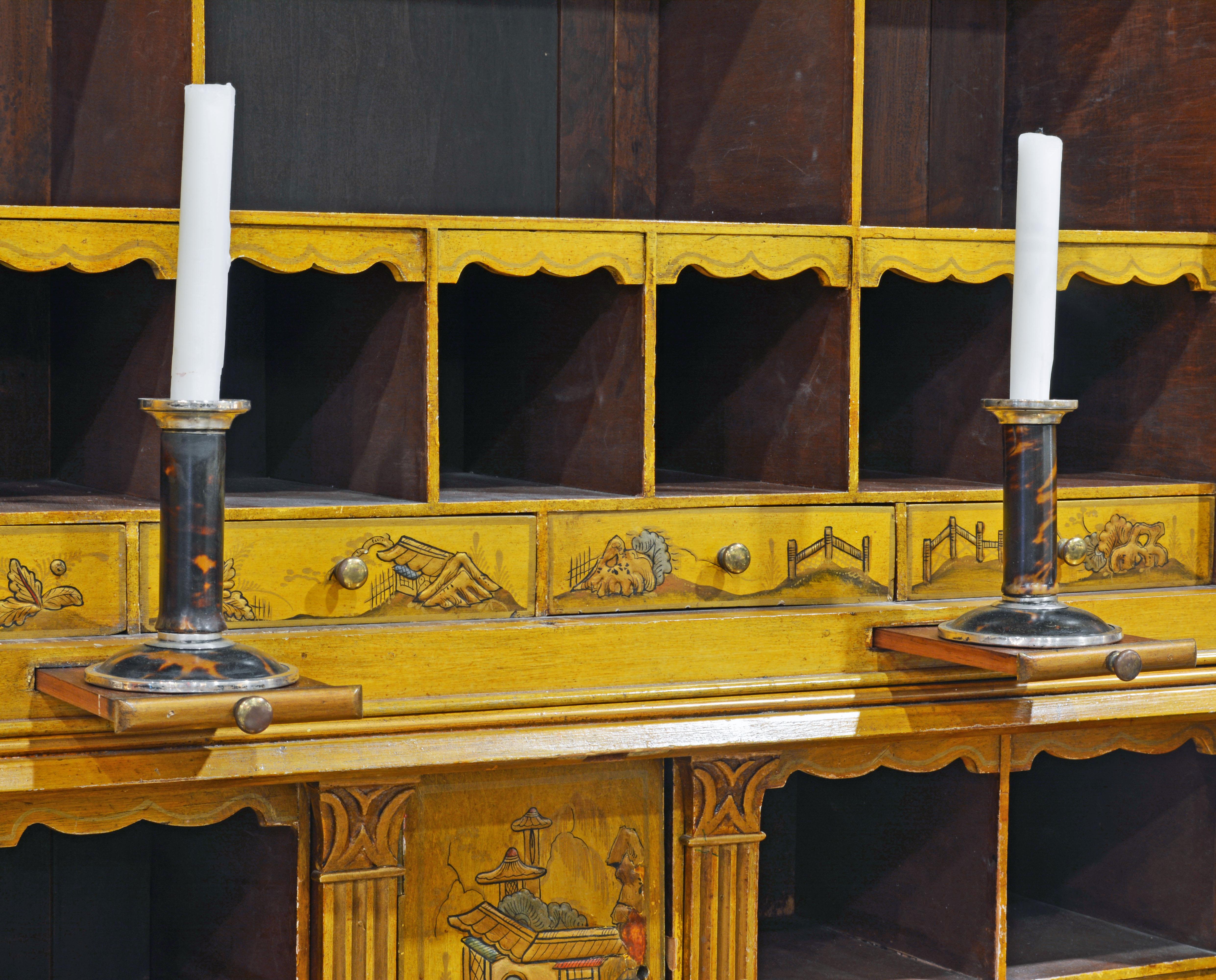 Brass 20th Century Painted and Gilt Chinoiserie Decorated Two-Part Secretary Desk
