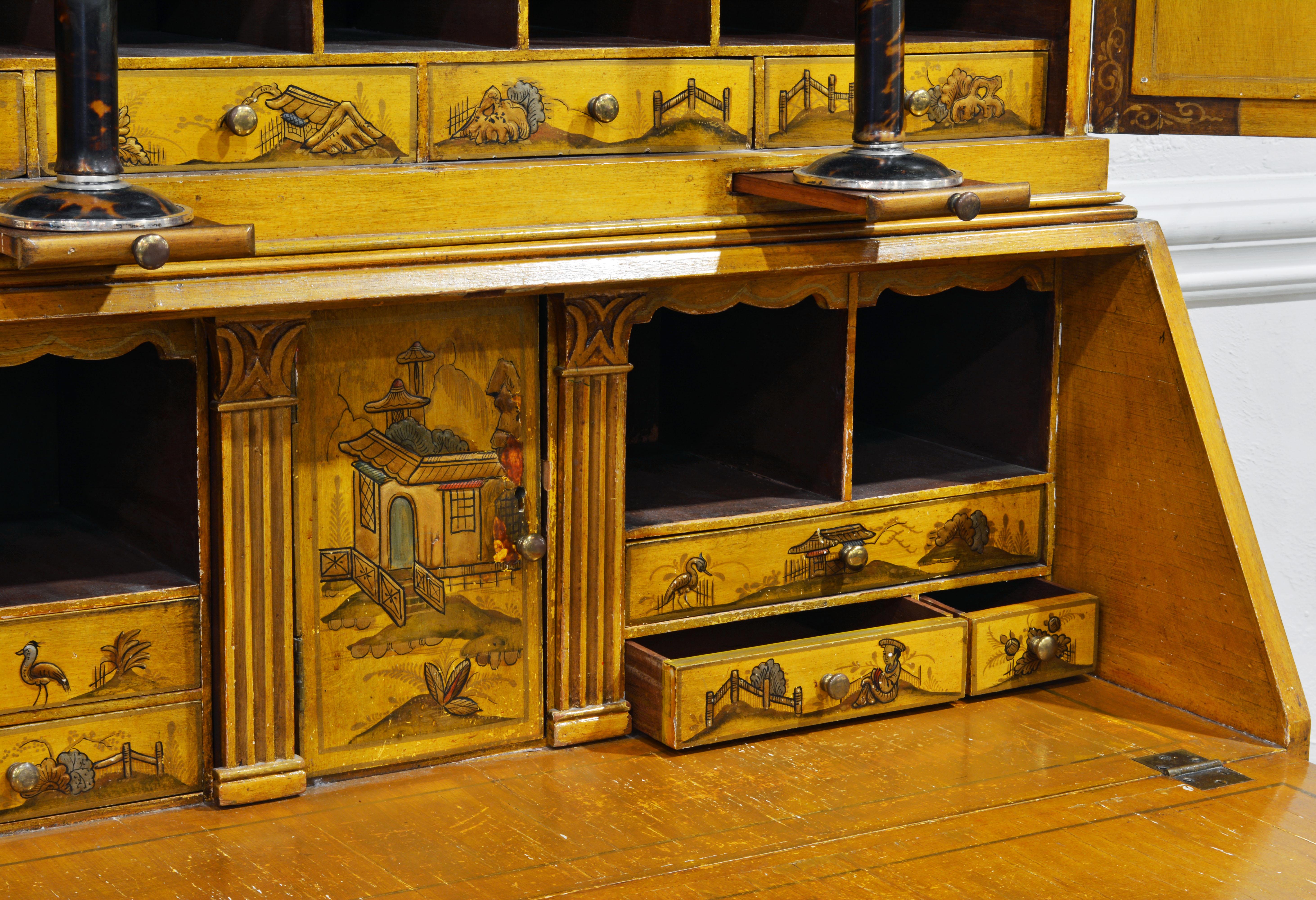 20th Century Painted and Gilt Chinoiserie Decorated Two-Part Secretary Desk 1