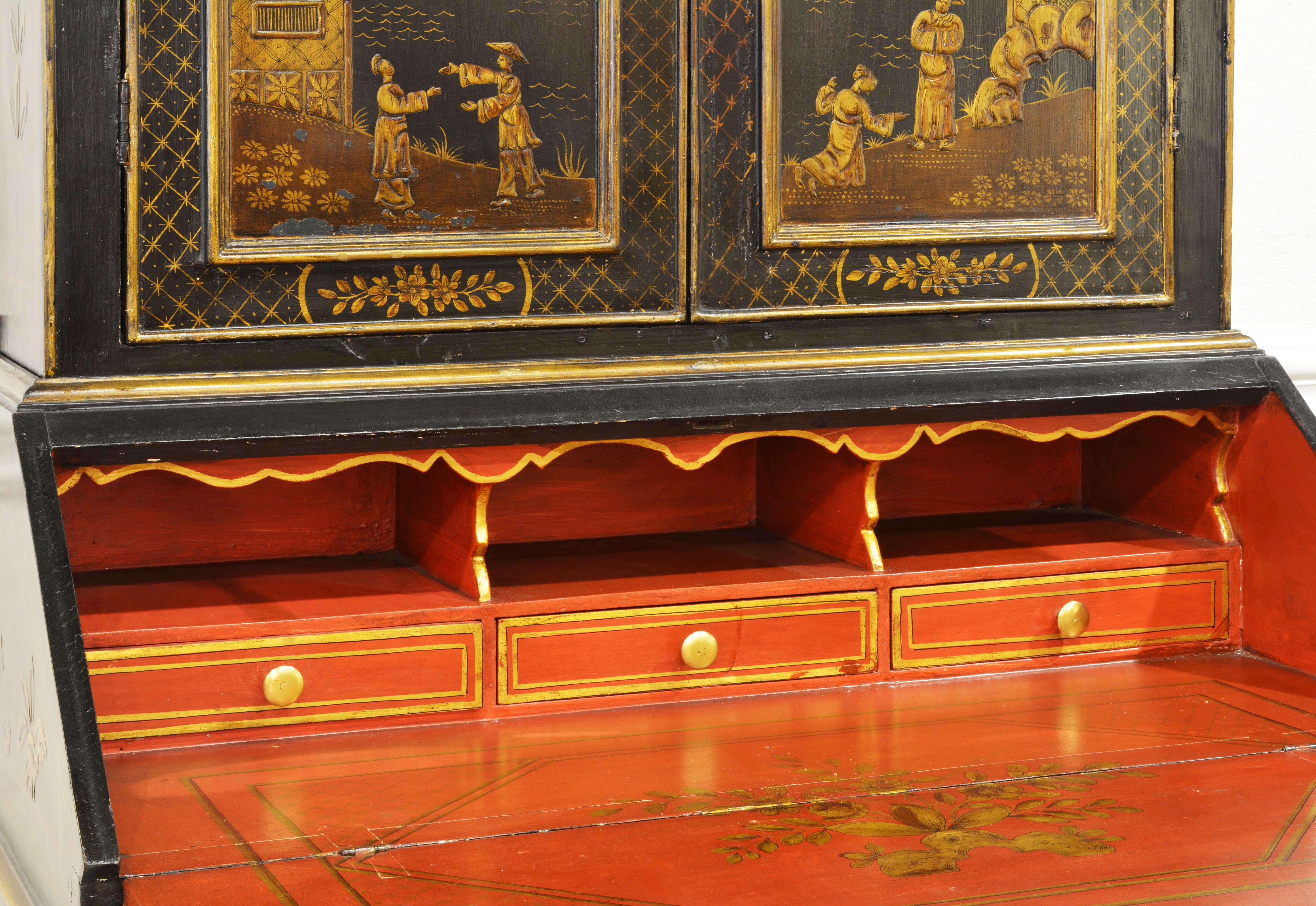 Italian 20th Cent Painted and Gilt Chinoiserie Decorated Two-Part Secretary Desk 3