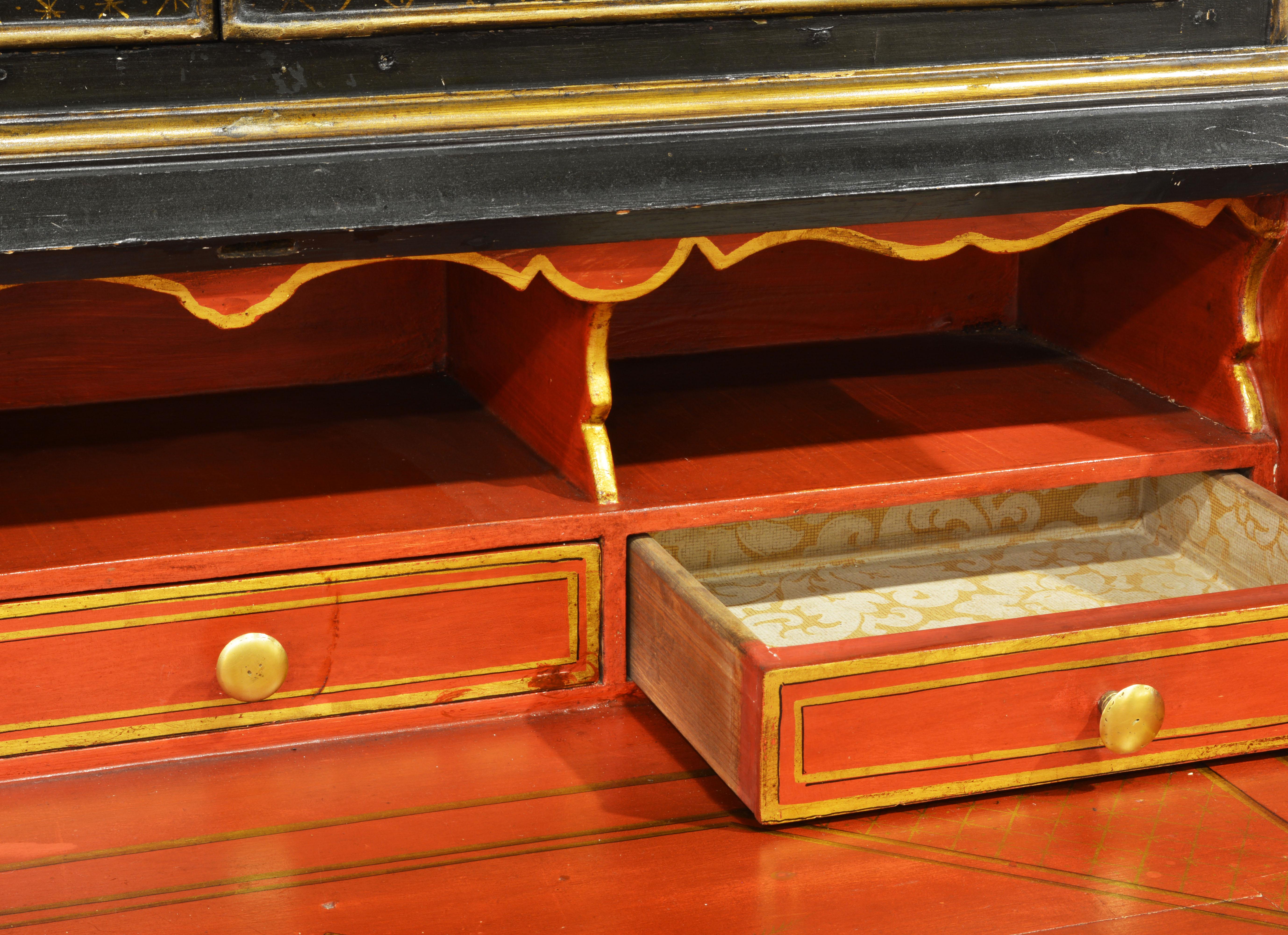 Italian 20th Cent Painted and Gilt Chinoiserie Decorated Two-Part Secretary Desk 4