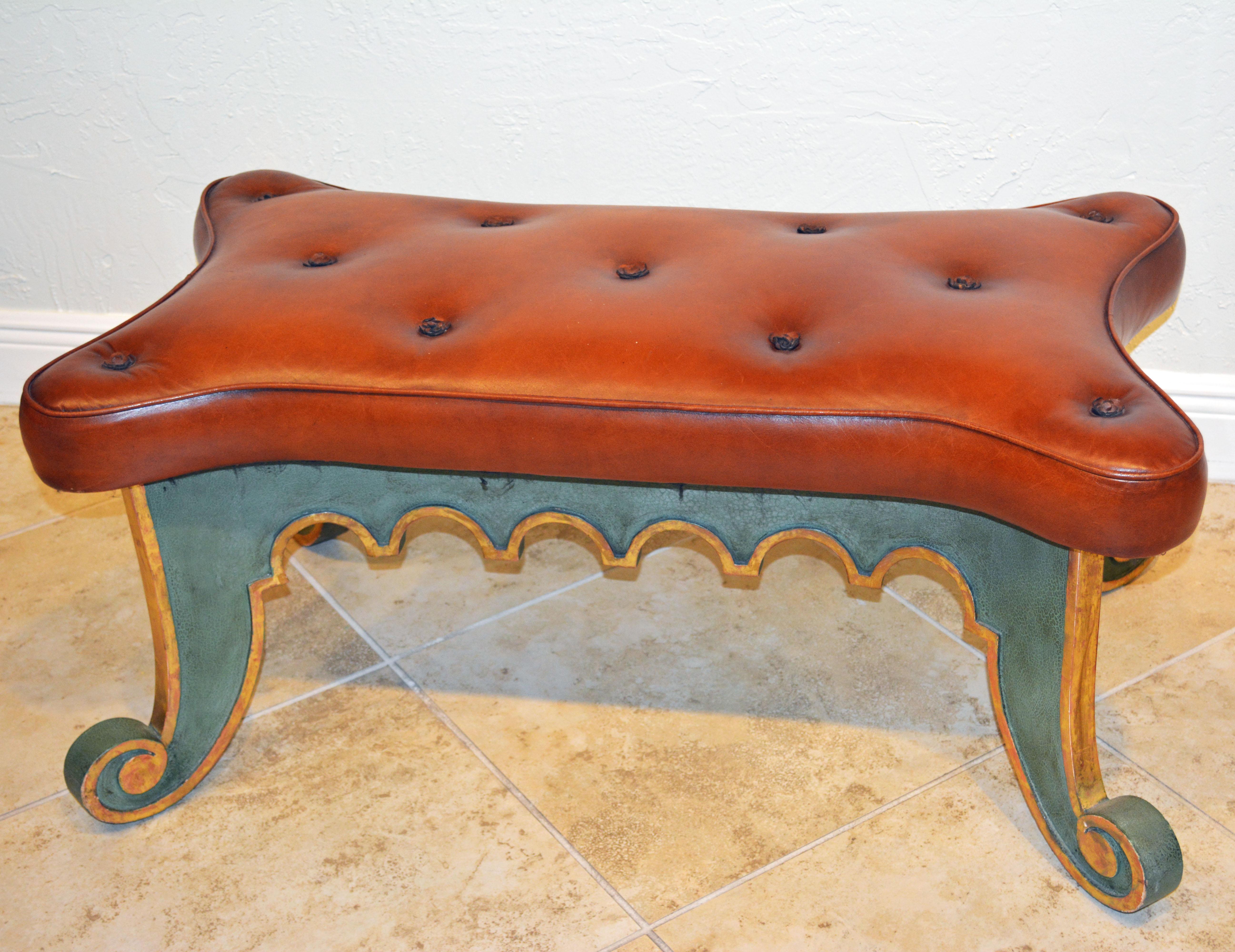 20th Century Venetian Style Painted and Parcel-Gilt Leather Covered Bench 2