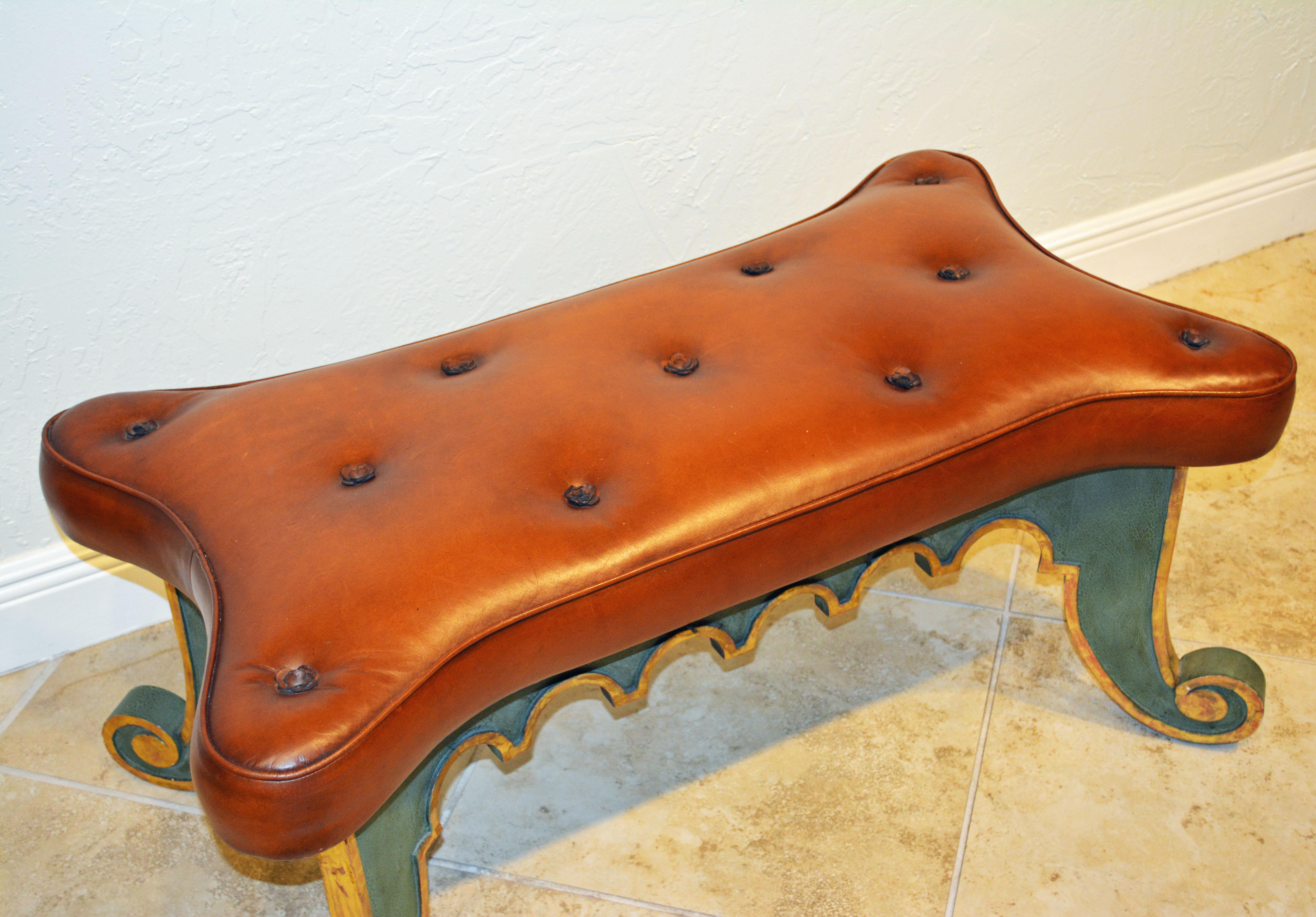 20th Century Venetian Style Painted and Parcel-Gilt Leather Covered Bench 3