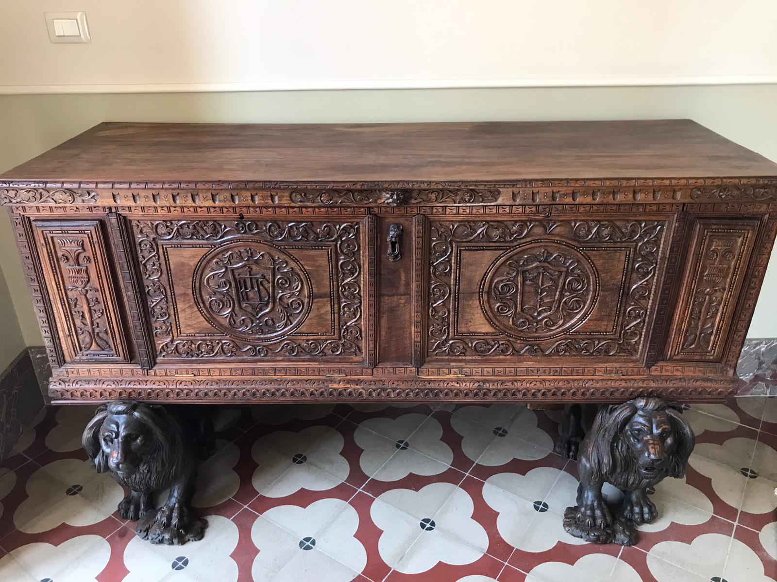 Italian 20th Century Baroque Style Carved Walnut Figural  Cassone Chest- Boot For Sale 1