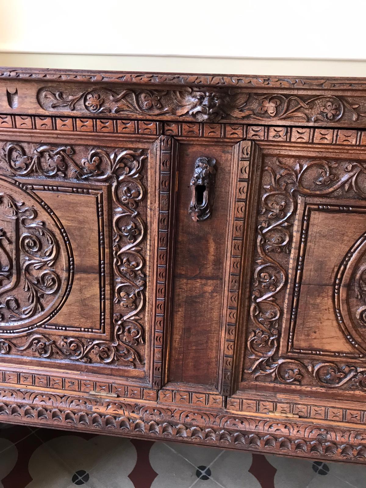 Italian 20th Century Baroque Style Carved Walnut Figural  Cassone Chest- Boot For Sale 3