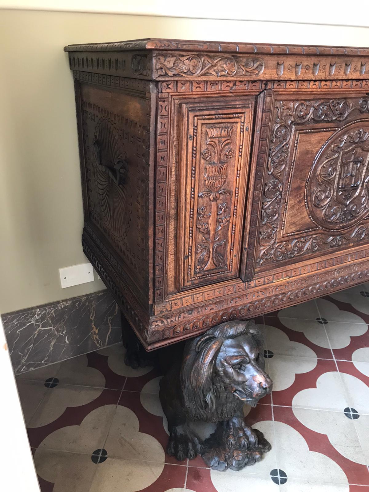 Italian 20th Century Baroque Style Carved Walnut Figural  Cassone Chest- Boot For Sale 6