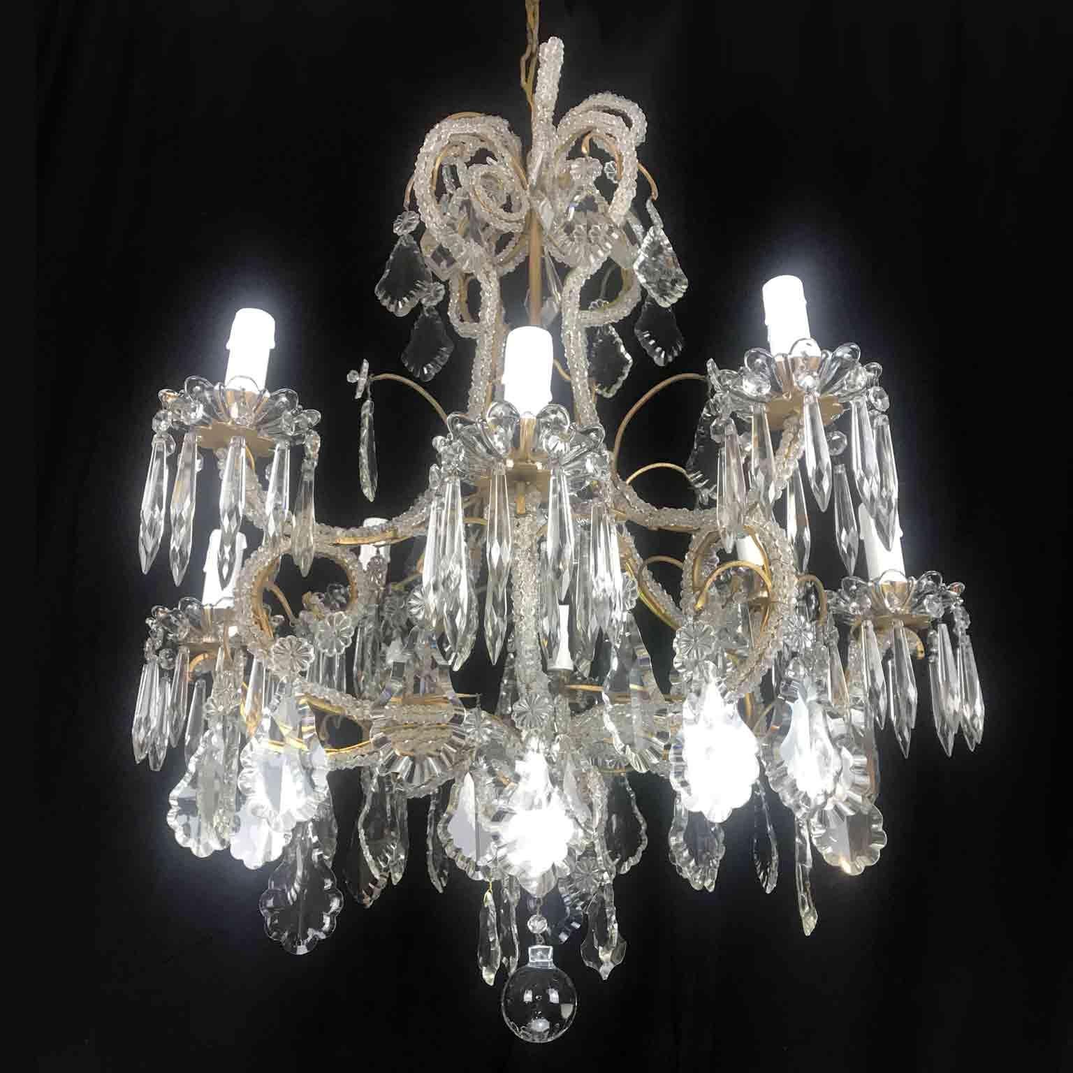 Gilt 20th Century Beaded Crystal Cage Chandelier Two-Tier Nine-Light Italian Pendant