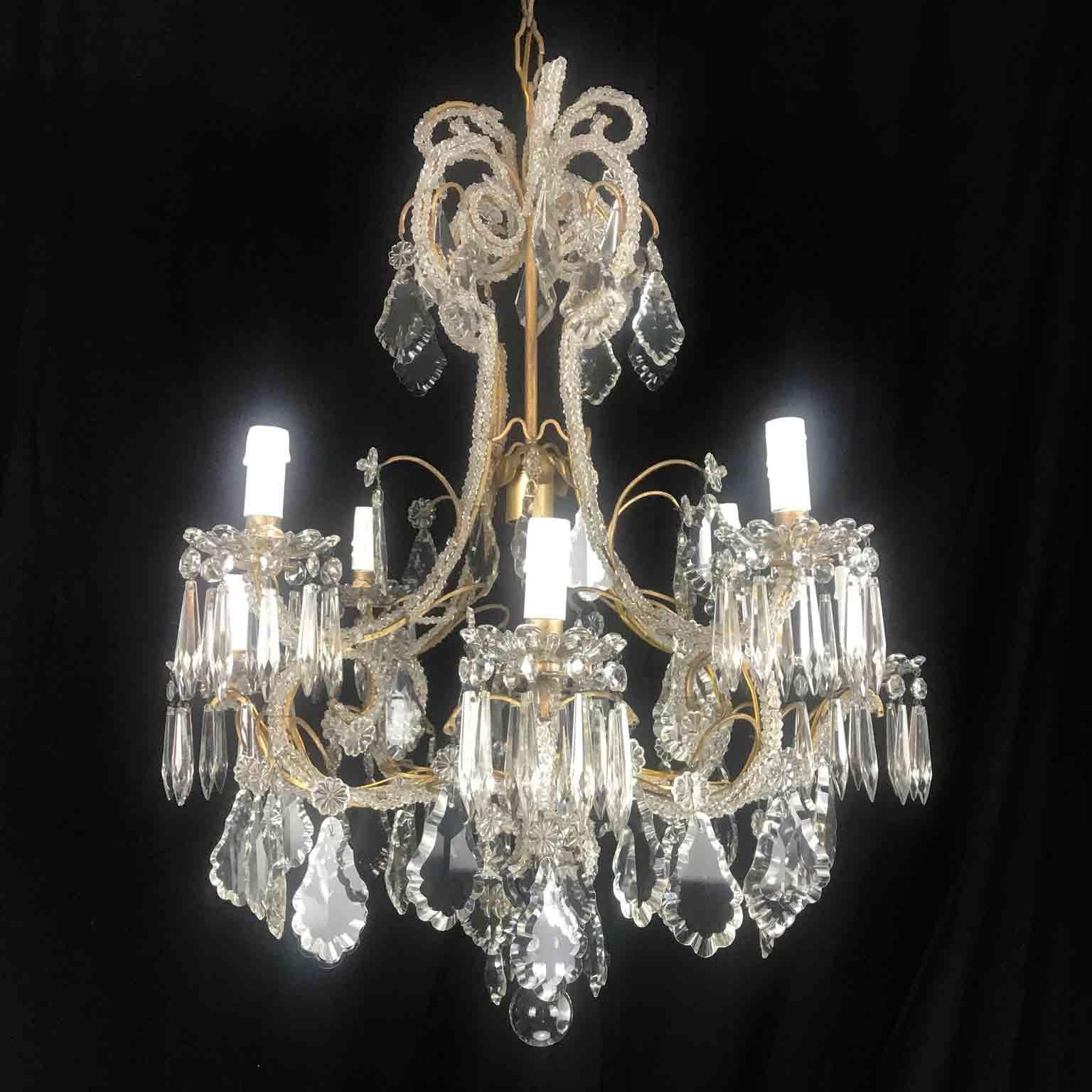 20th Century Beaded Crystal Cage Chandelier Two-Tier Nine-Light Italian Pendant In Good Condition In Milan, IT