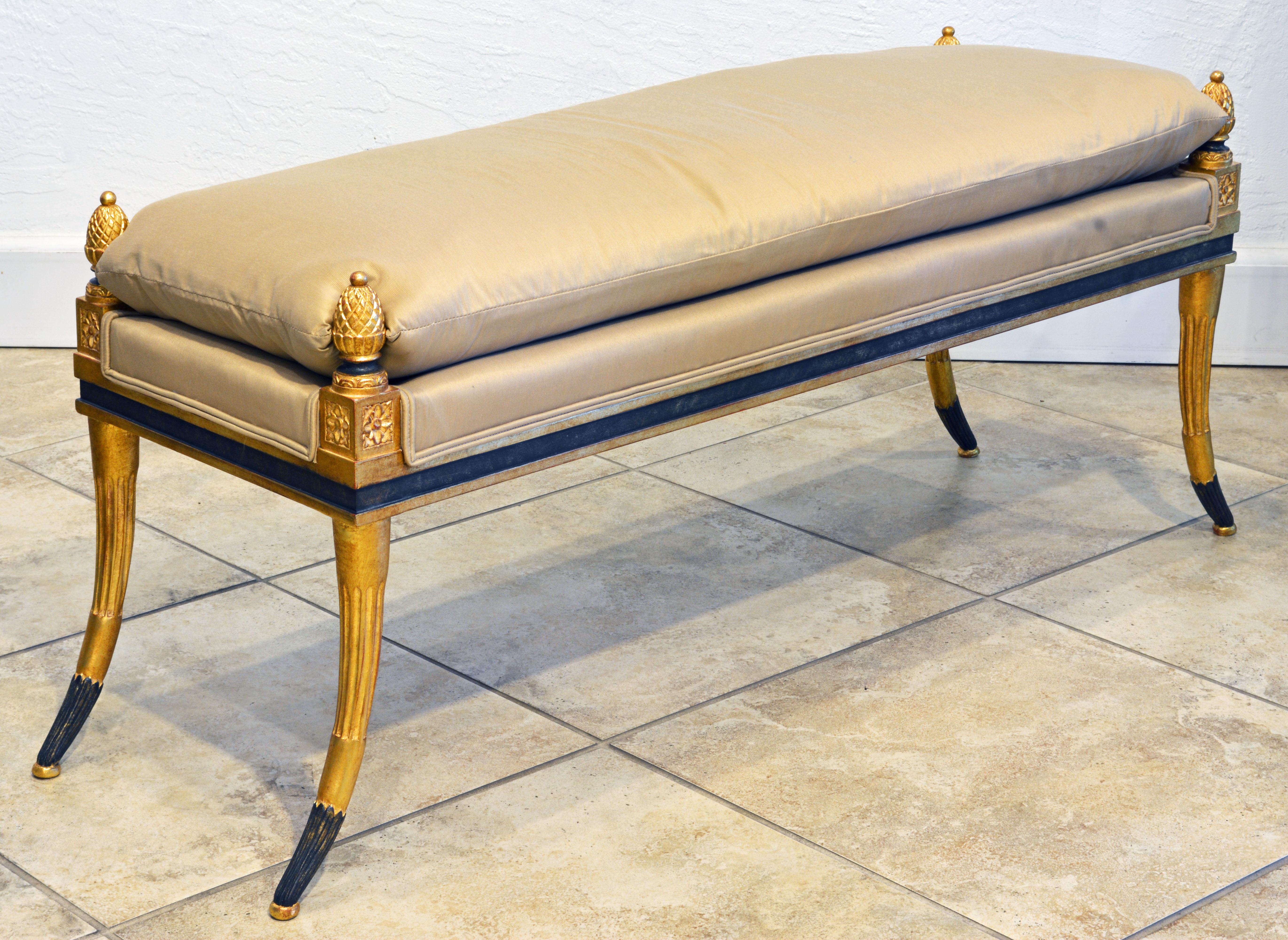 Fabric Italian 20th Century Carved Neoclassical Giltwood Bench with Ebonized Accents