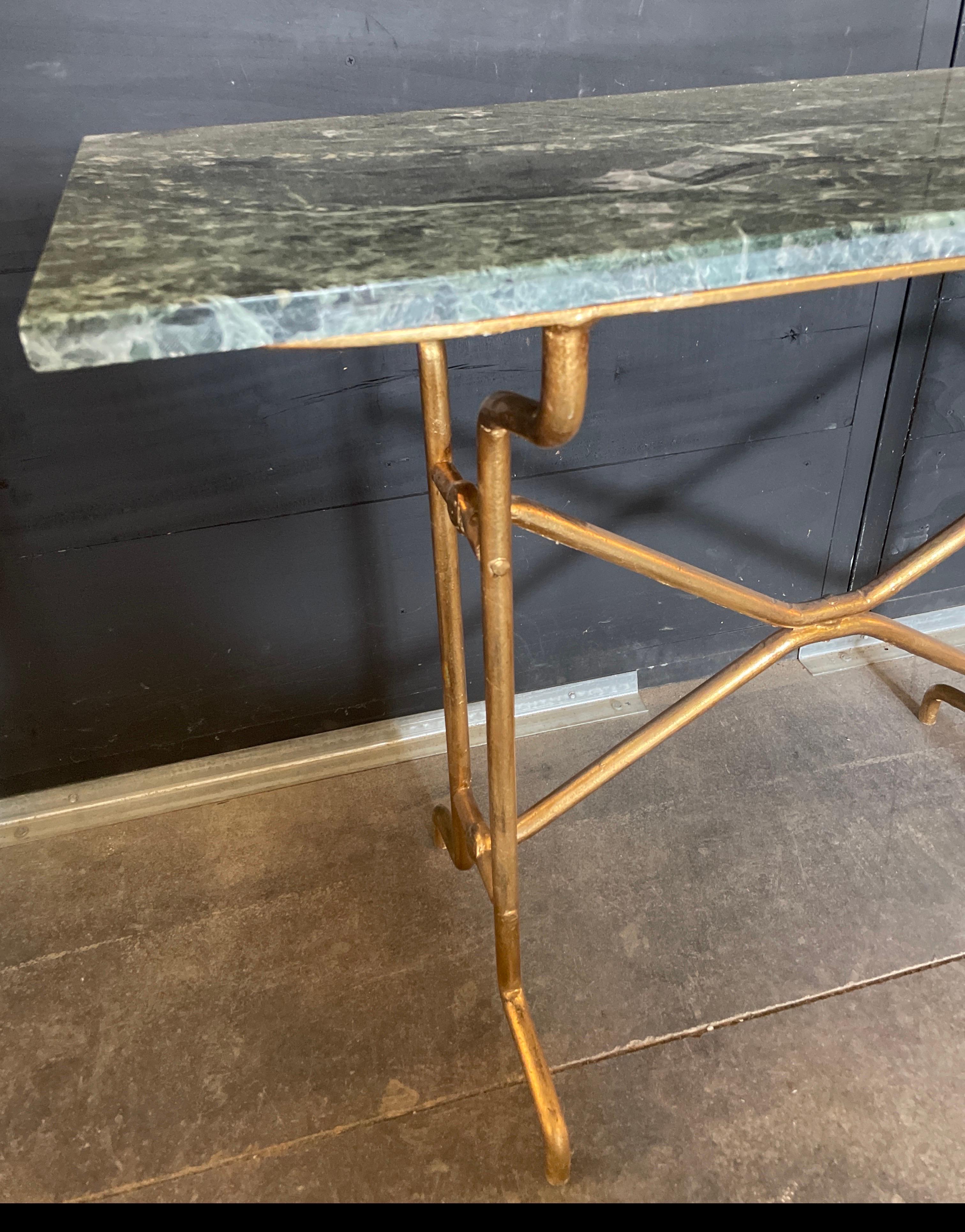 Italian 20th Century Giovanni Banci Hammered Gilt Iron Console With Marble Top. In Good Condition For Sale In Houston, TX