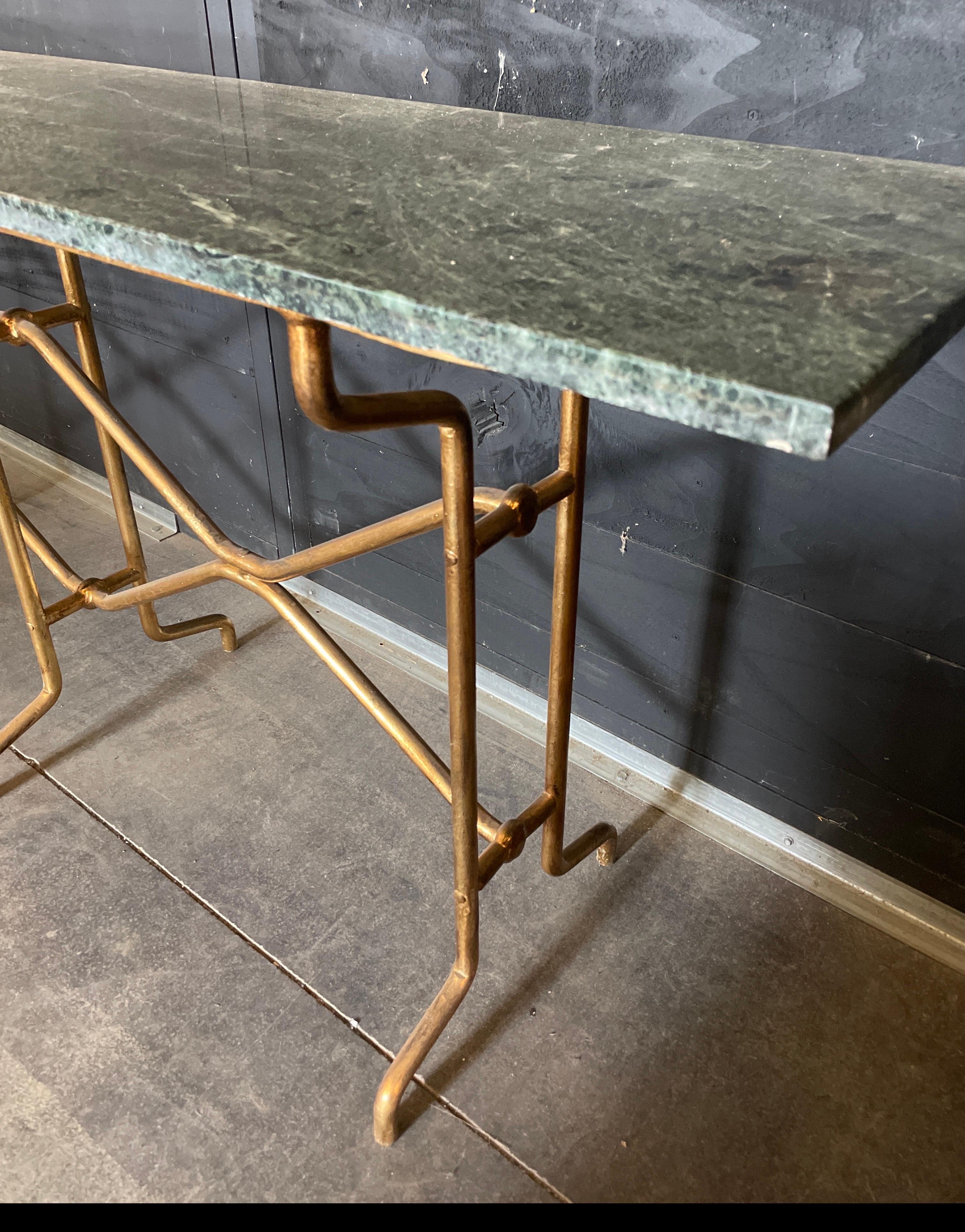 Late 20th Century Italian 20th Century Giovanni Banci Hammered Gilt Iron Console With Marble Top. For Sale