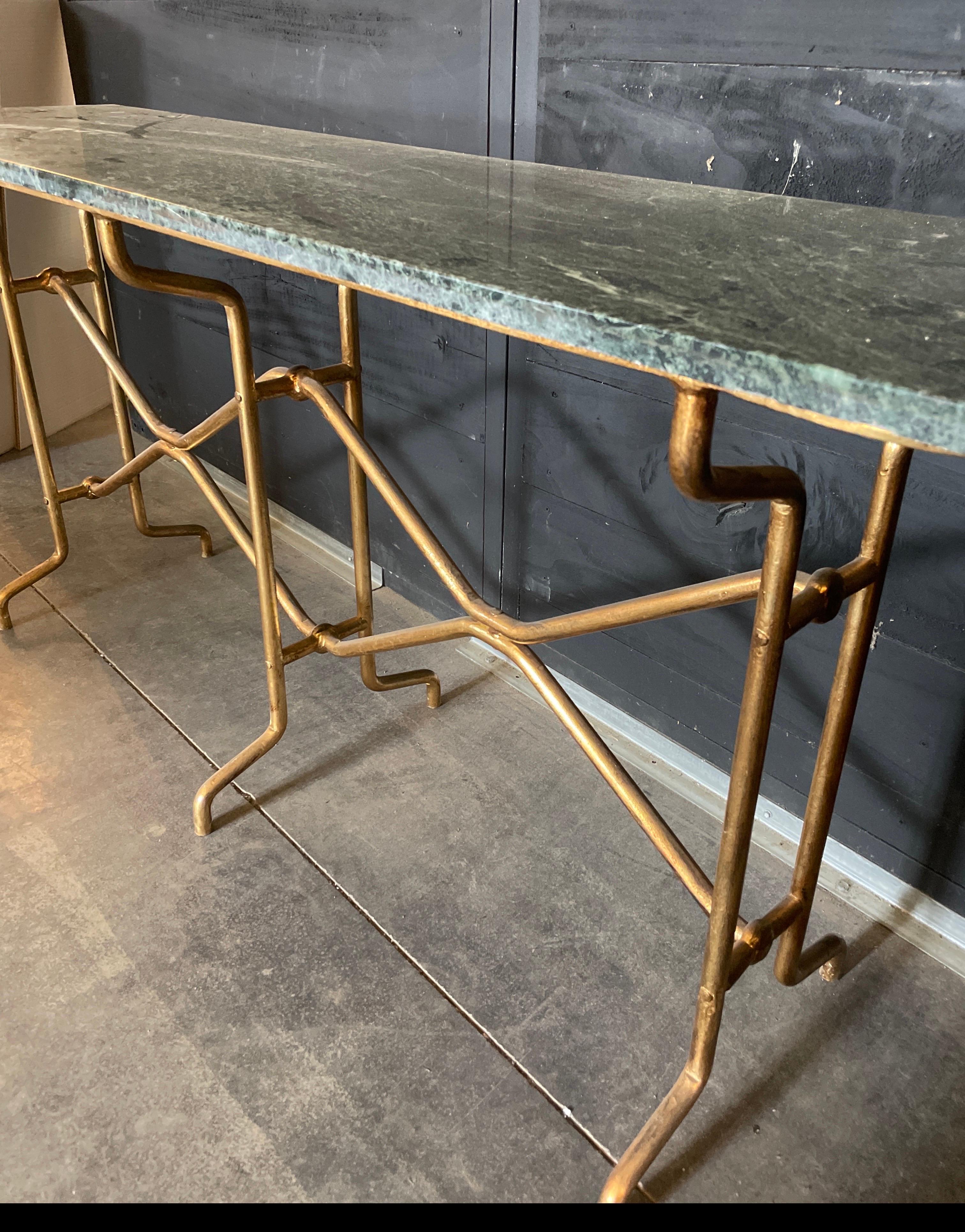 Italian 20th Century Giovanni Banci Hammered Gilt Iron Console With Marble Top. For Sale 1