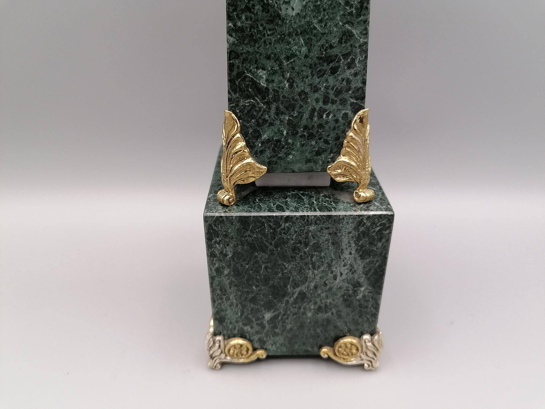 Gilt Italian 20th Century Green Marble and Sterling Silver Obelisks For Sale