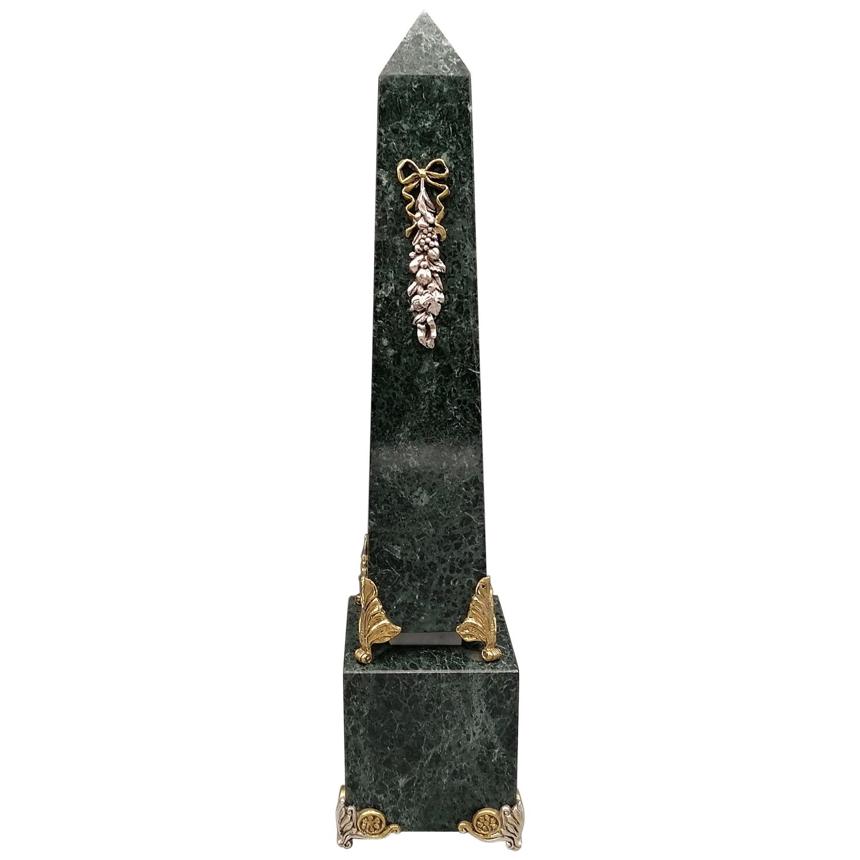 Italian 20th Century Green Marble and Sterling Silver Obelisks