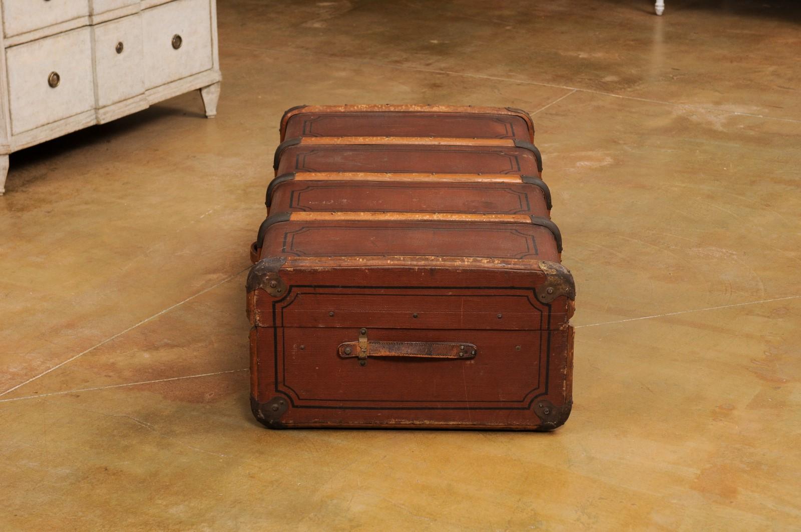 Italian 20th Century Leather, Wood and Brass Travel Trunk with Rustic Character For Sale 9