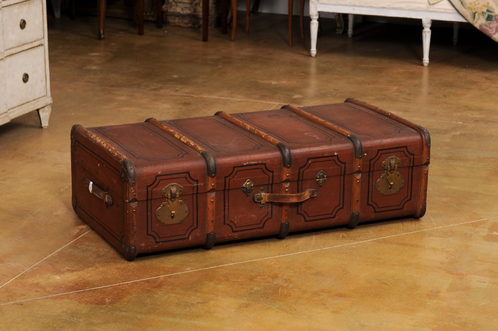 Italian 20th Century Leather, Wood and Brass Travel Trunk with Rustic Character In Good Condition For Sale In Atlanta, GA