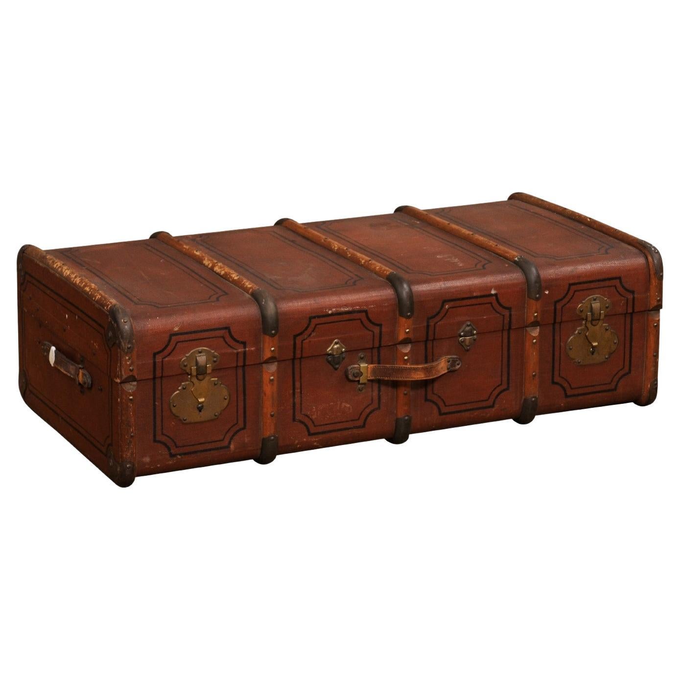 Italian 20th Century Leather, Wood and Brass Travel Trunk with Rustic Character For Sale