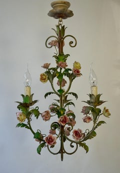 Italian 20th Century Louis XVI St. Tole & Saxe Porcelain Three Light Chandelier