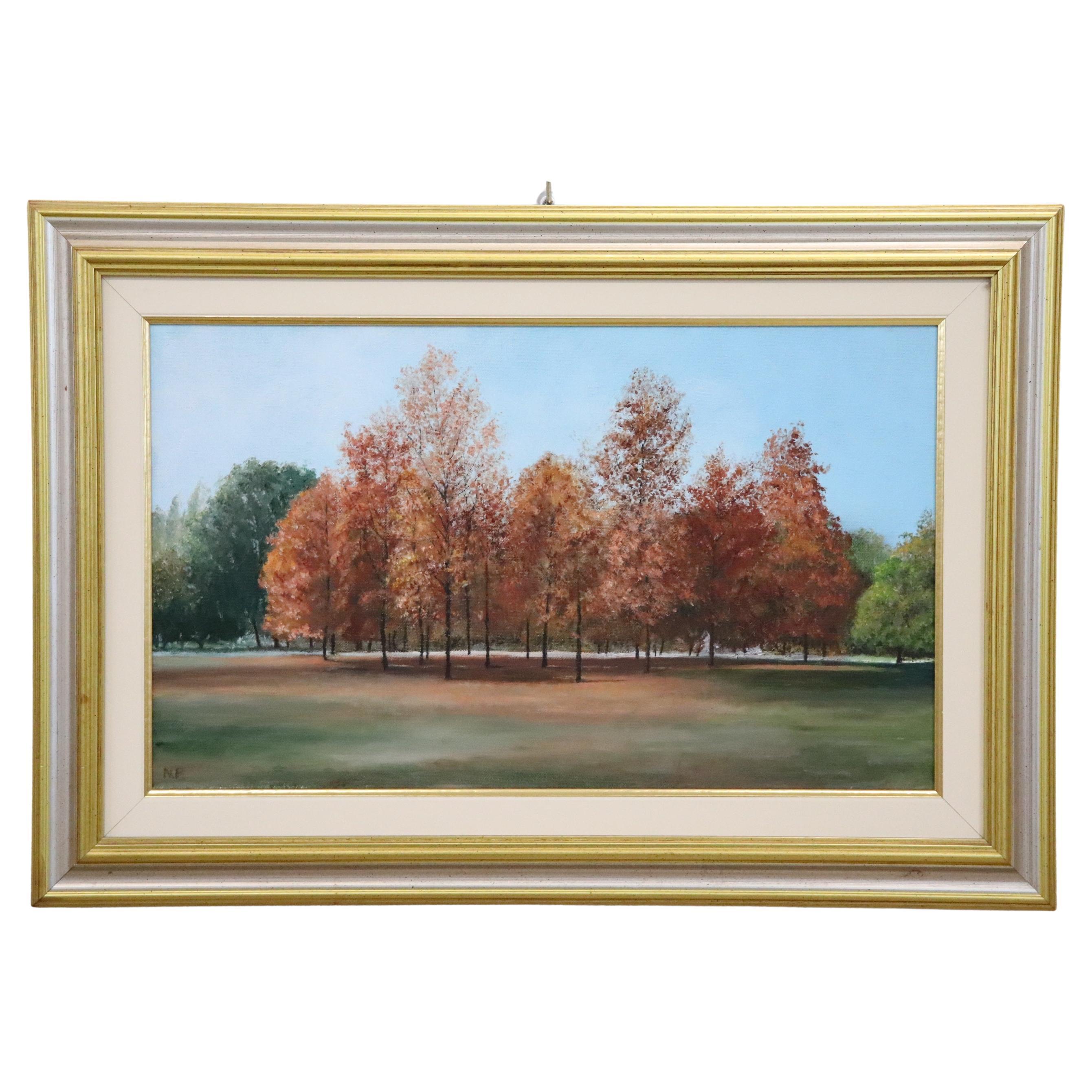 Italian 20th Century Oil Painting on Canvas Cardboard, Autumn Landscape