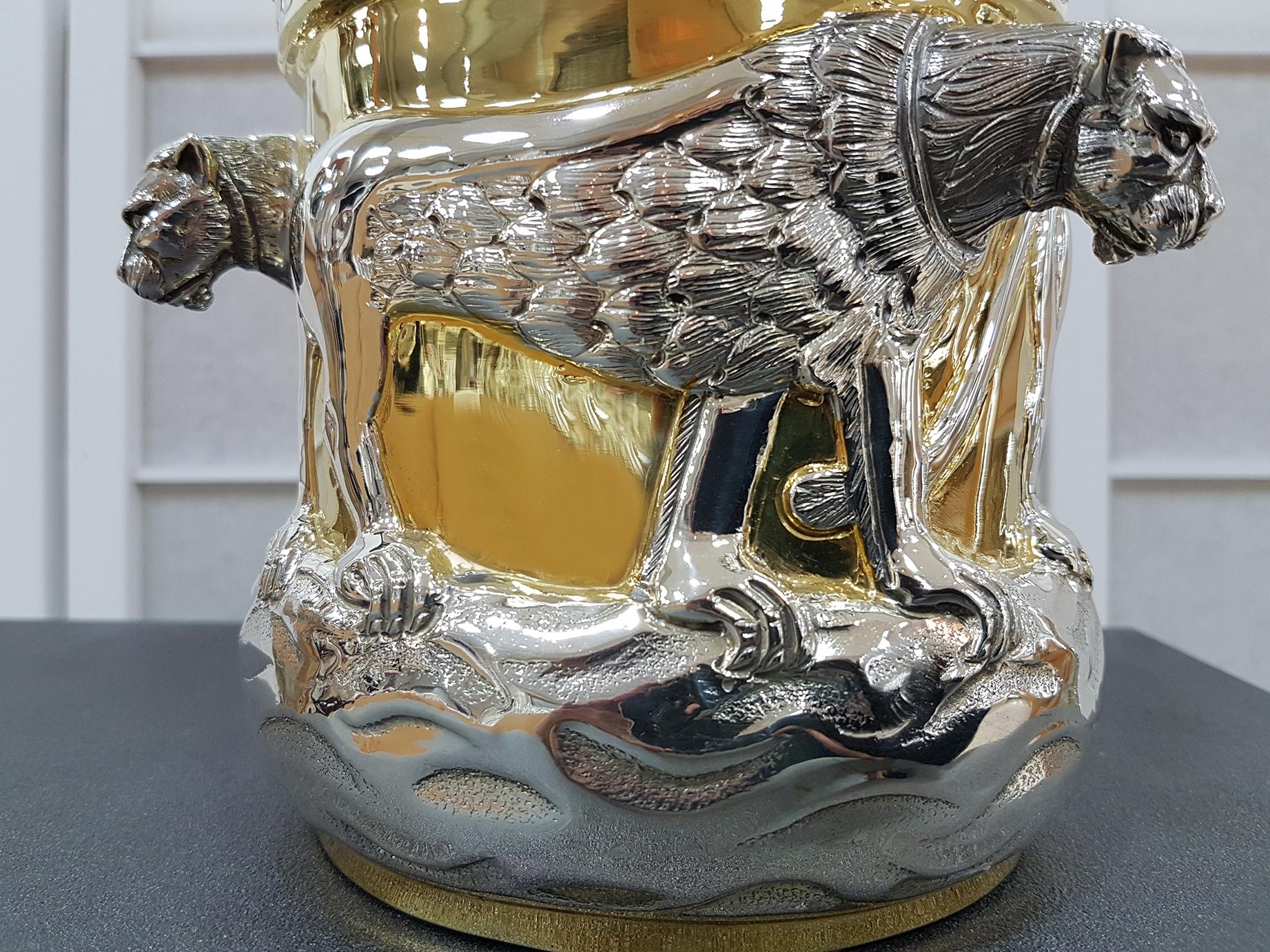 Italian 20th Century Partially Gilded Sterling Silver Ice Bucket with Lions 6