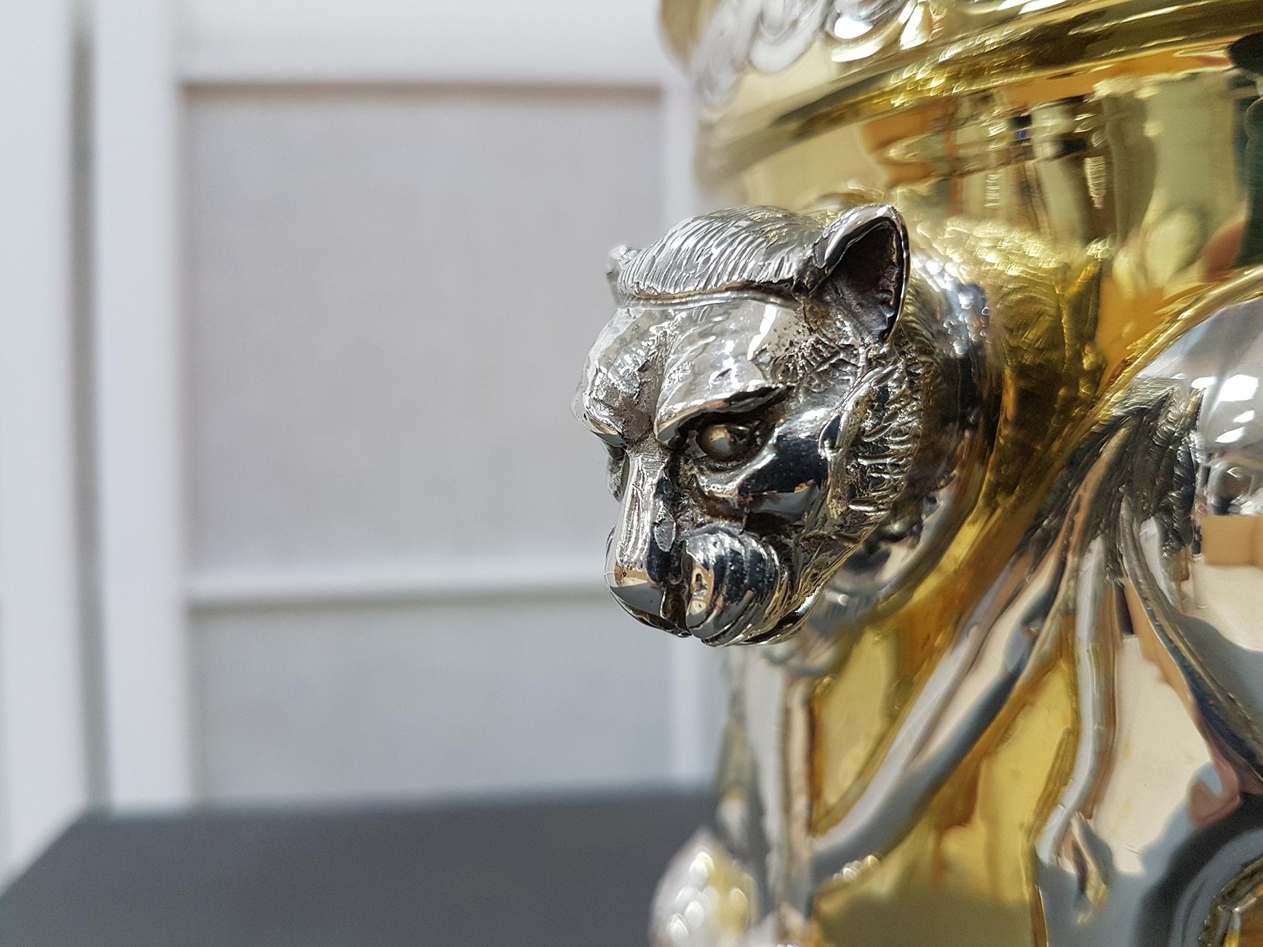 Other Italian 20th Century Partially Gilded Sterling Silver Ice Bucket with Lions