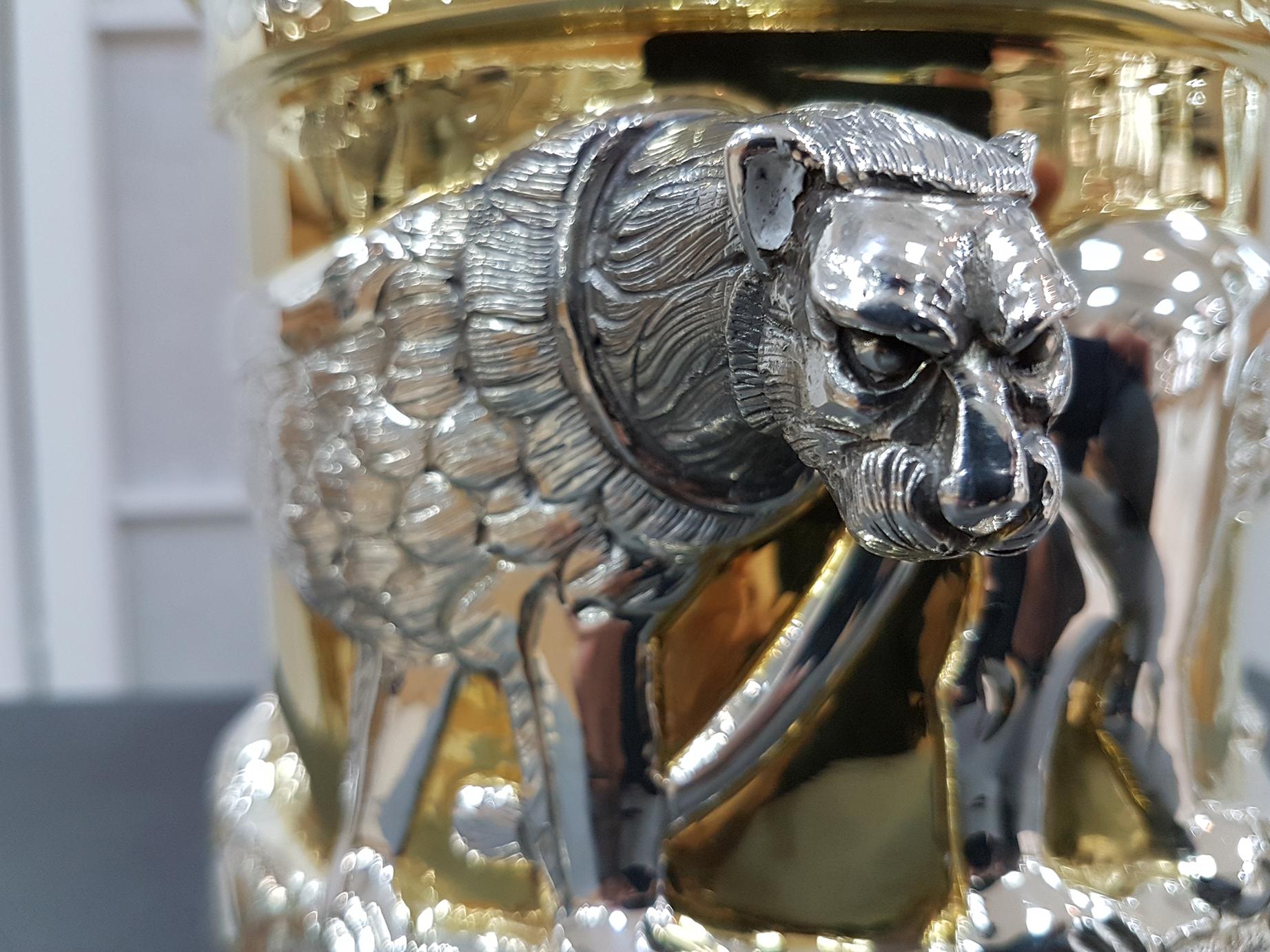 Late 20th Century Italian 20th Century Partially Gilded Sterling Silver Ice Bucket with Lions