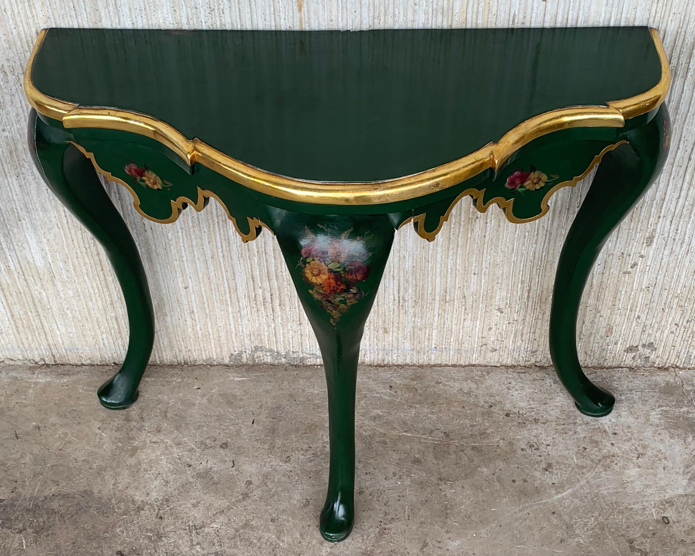 Rococo Revival Italian 20th Century Polychrome Green Painted Carved Demilune Wood Console For Sale