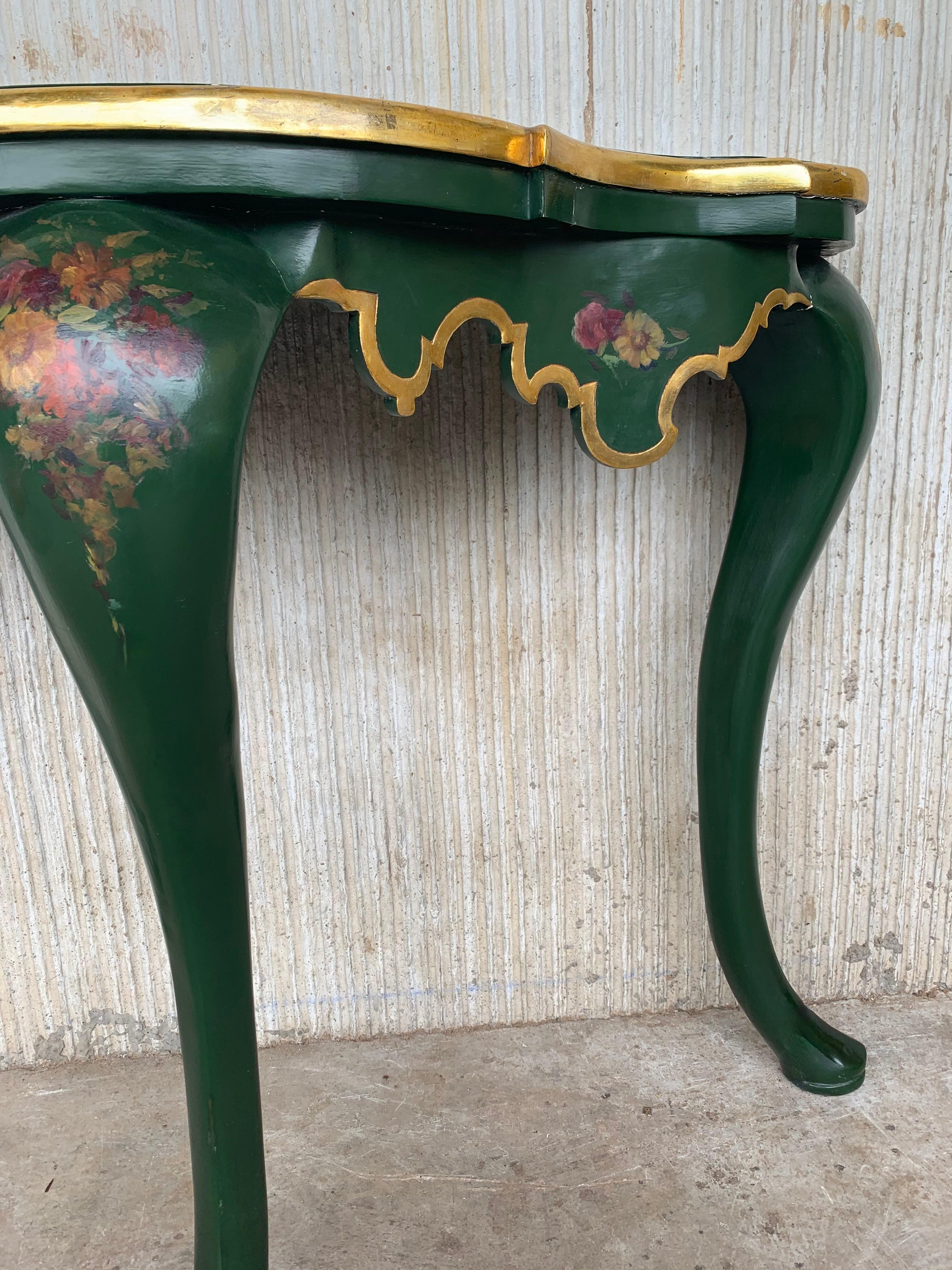 Italian 20th Century Polychrome Green Painted Carved Demilune Wood Console For Sale 1