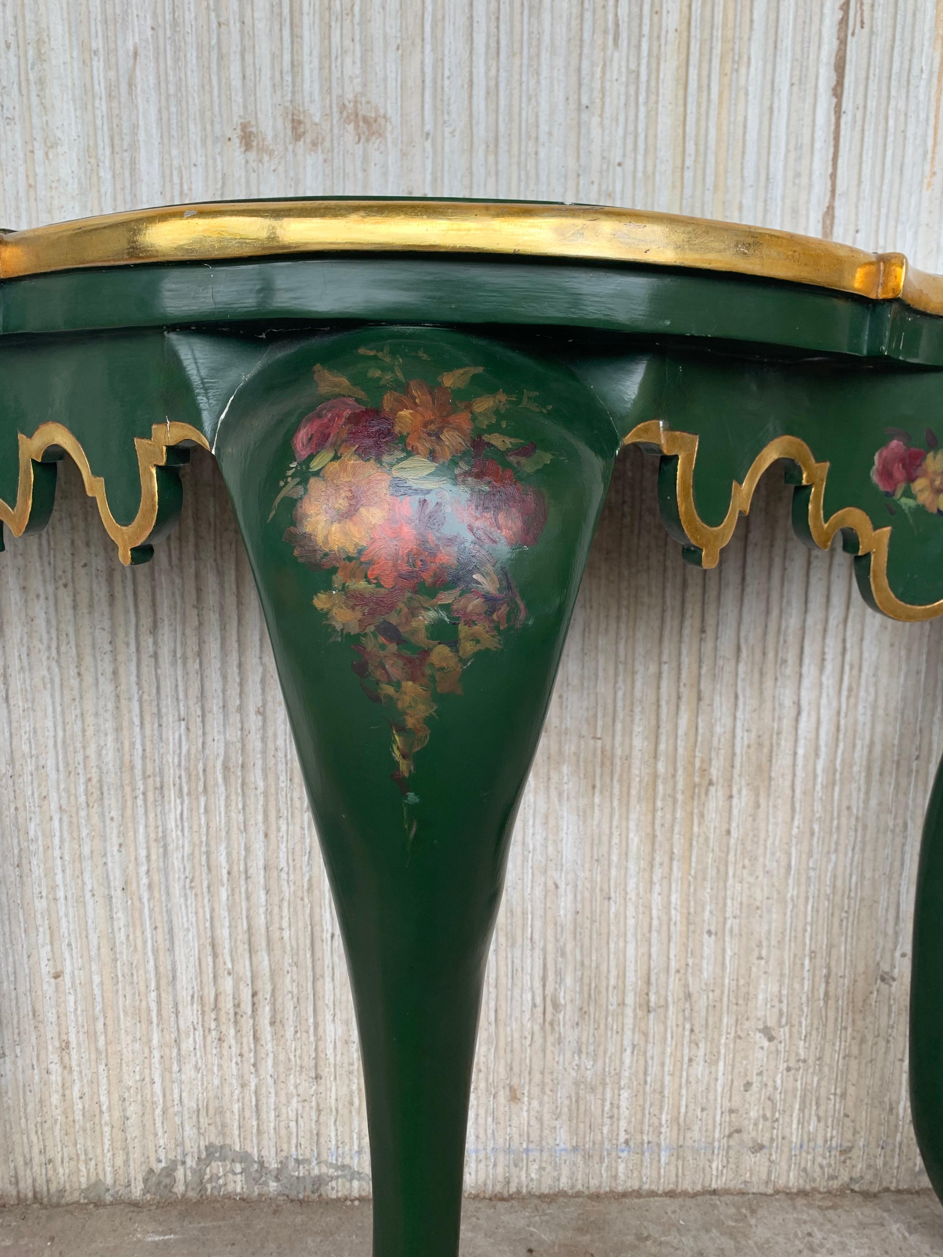 Italian 20th Century Polychrome Green Painted Carved Demilune Wood Console For Sale 2