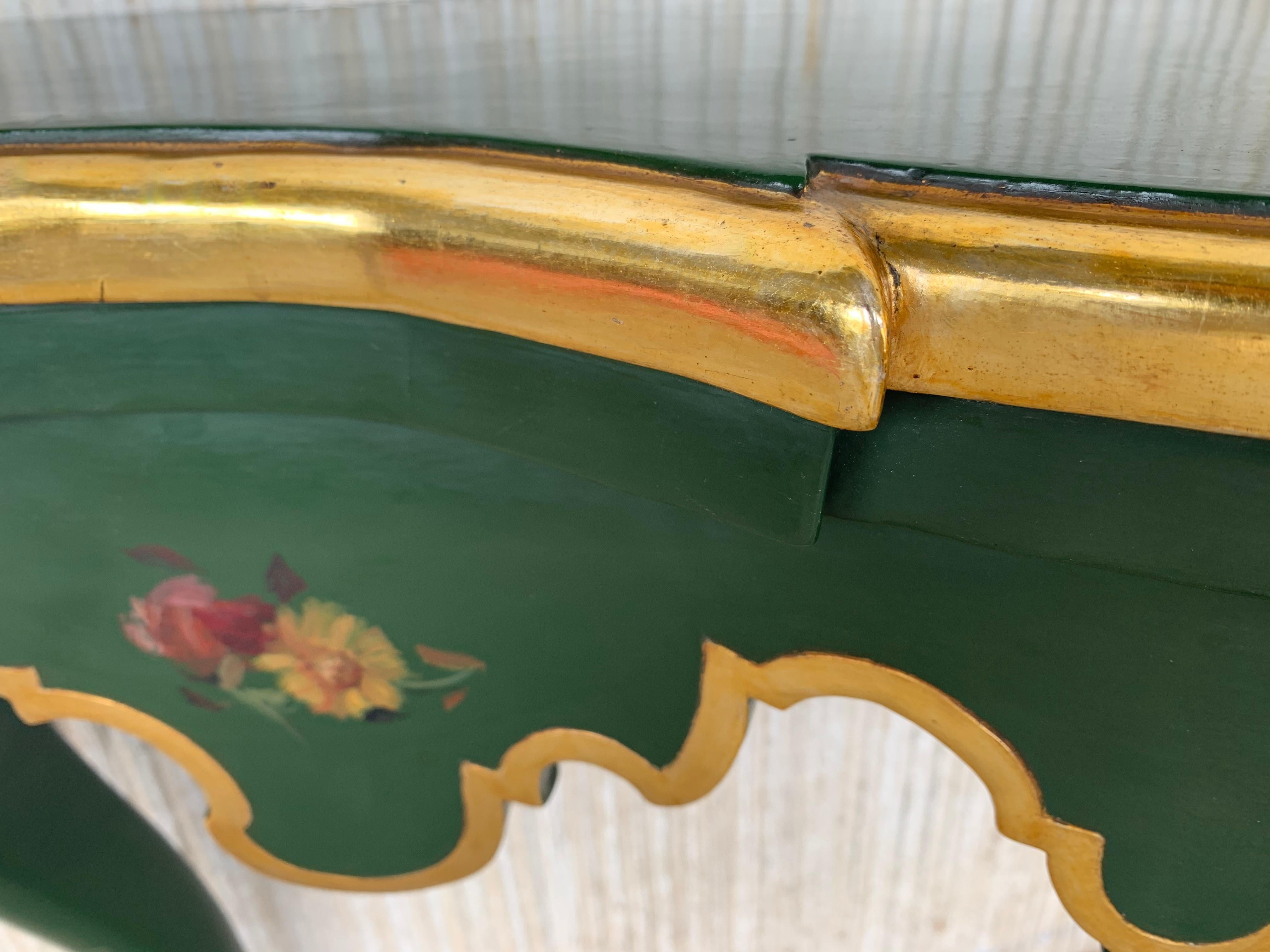 Italian 20th Century Polychrome Green Painted Carved Demilune Wood Console For Sale 3