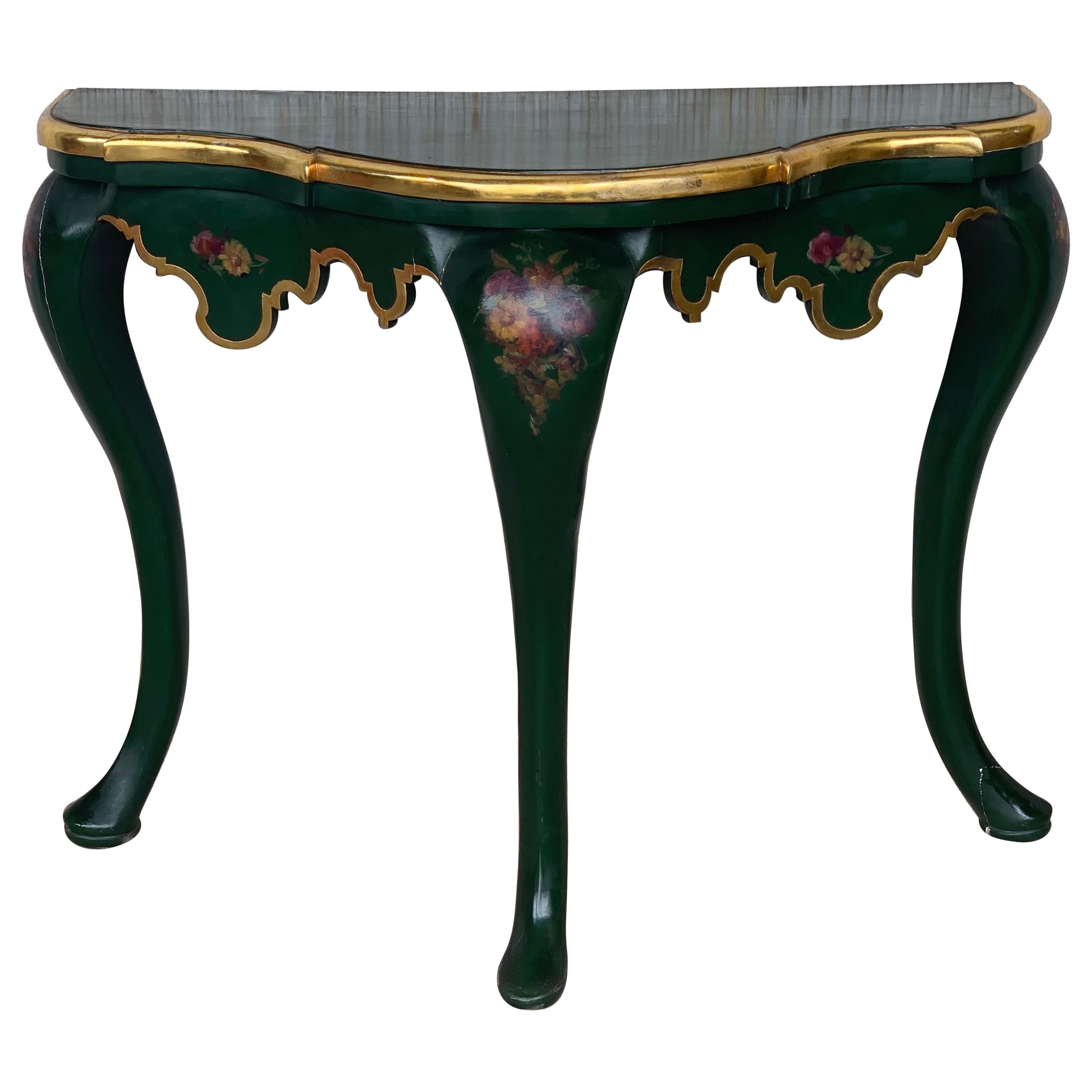 Italian 20th Century Polychrome Green Painted Carved Demilune Wood Console For Sale