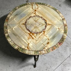 Italian 20th Century Round Book-Matched Multicolor Onyx Table With Bronze Legs
