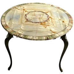 Italian 20th Century Round Book-Matched Multicolor Onyx Table With Bronze Legs