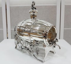 Italian 20th Century Silver Wine-Spirit Barrel on Stand with Silver Beakers